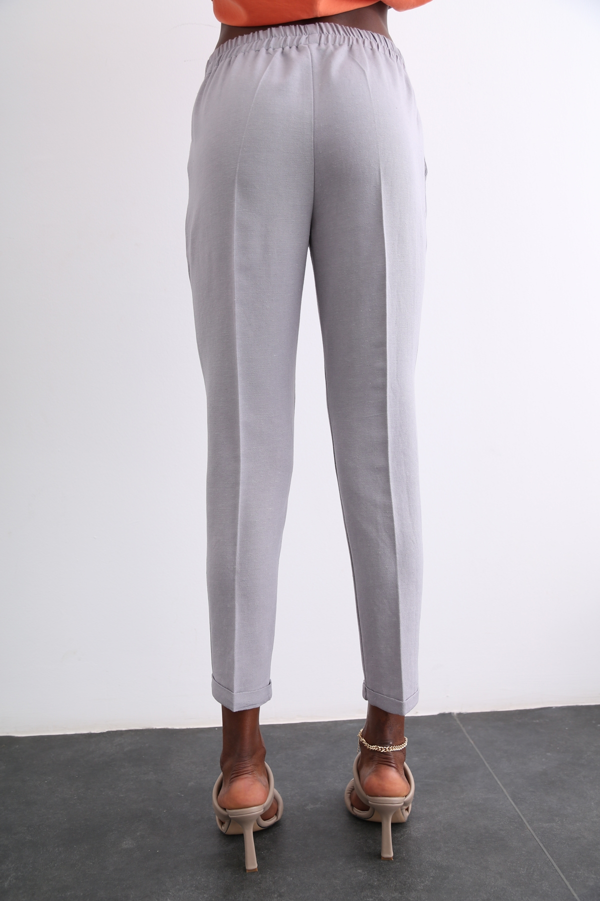Gri Duble Paça Keten Pantolon 50394