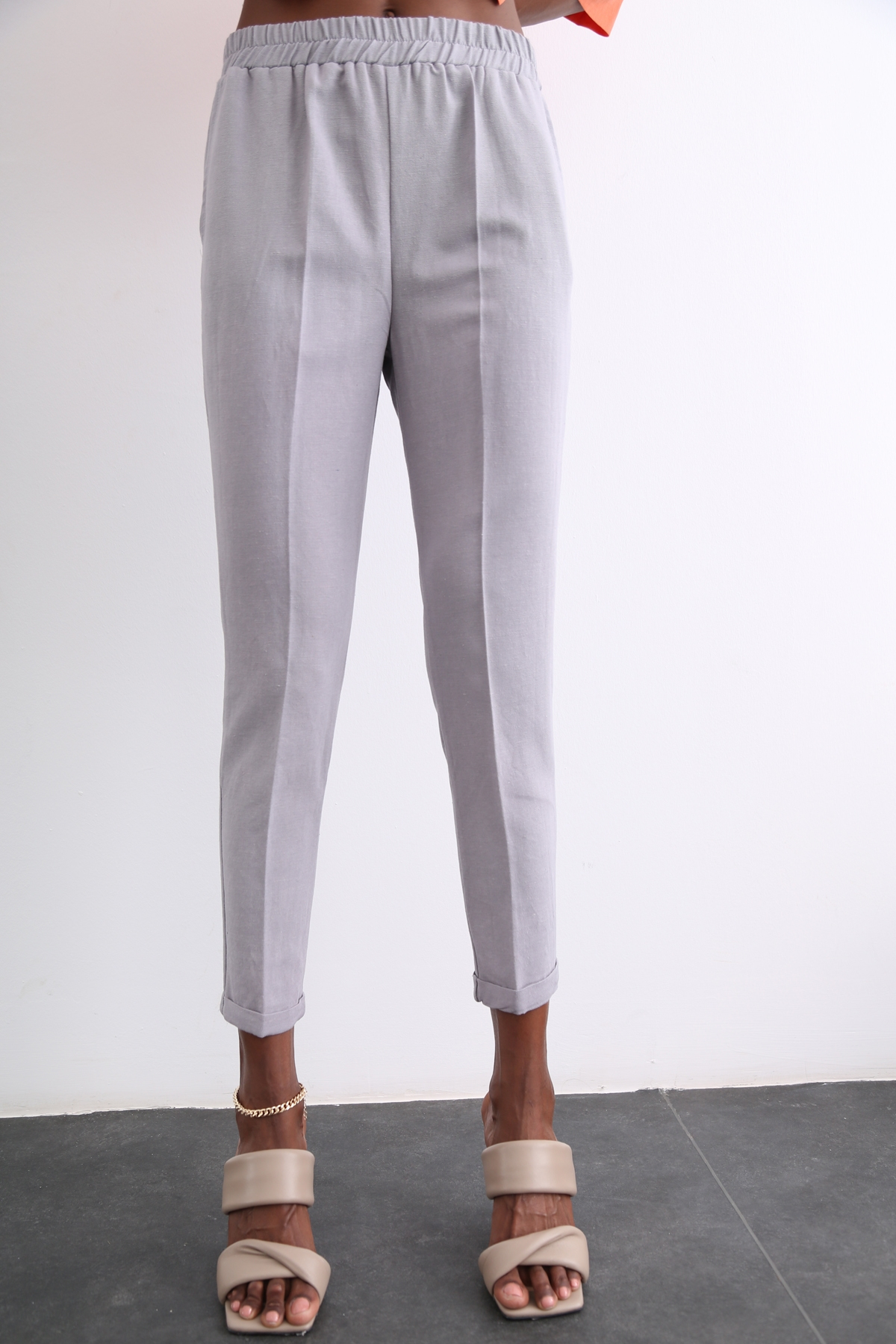 Gri Duble Paça Keten Pantolon 50394