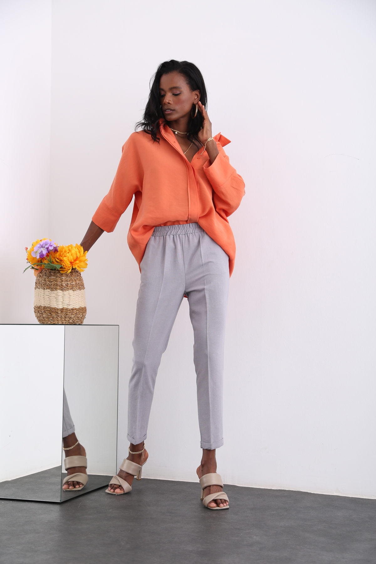 Gri Duble Paça Keten Pantolon 50394