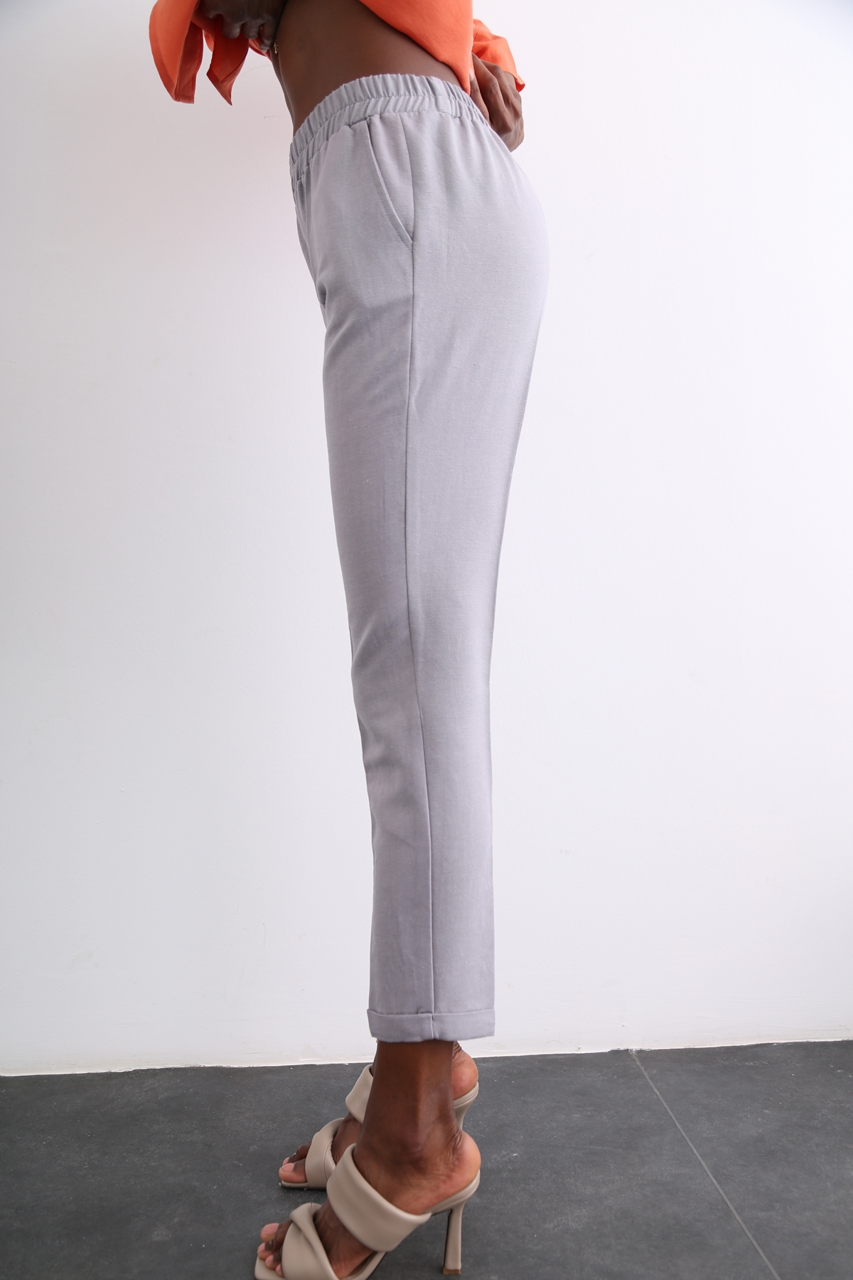 Gri Duble Paça Keten Pantolon 50394