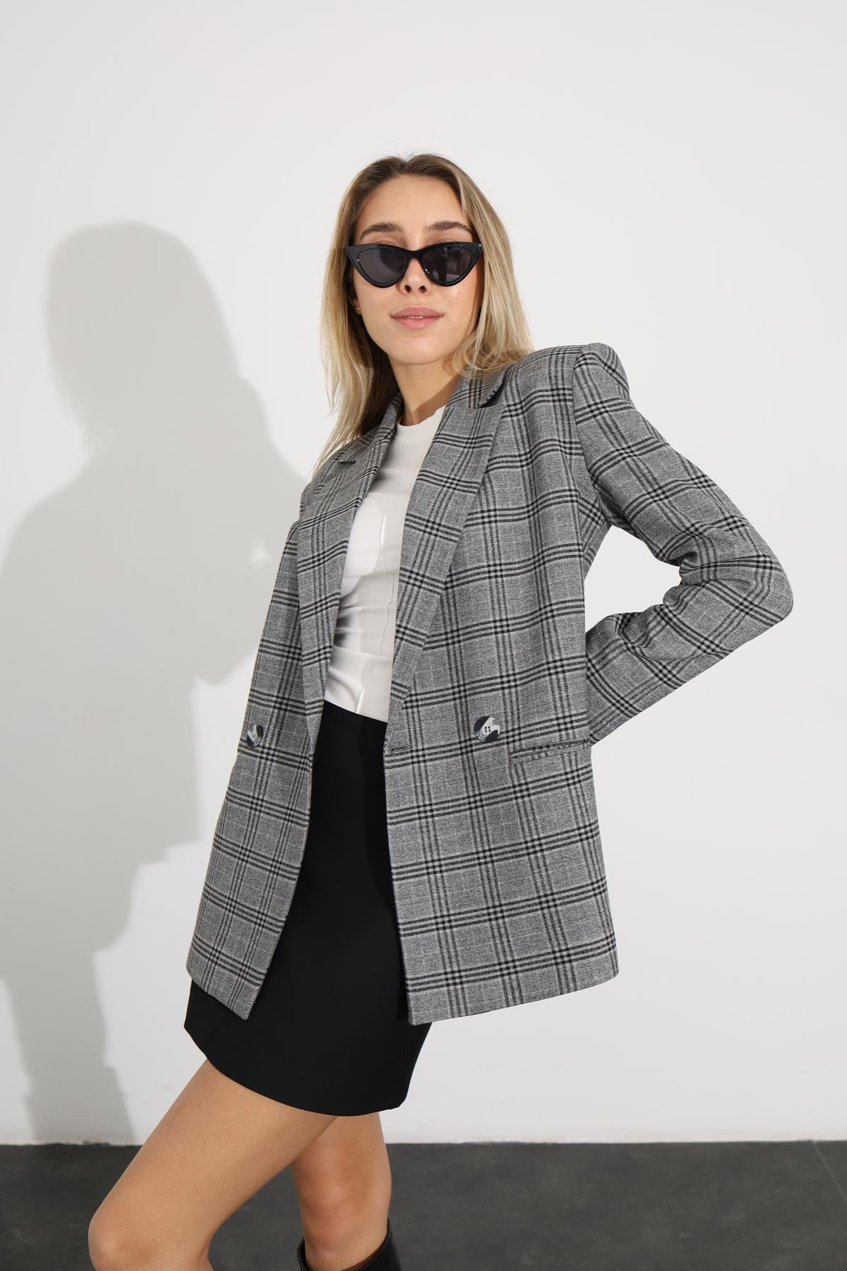 Gri Ekoseli Blazer Ceket 5157