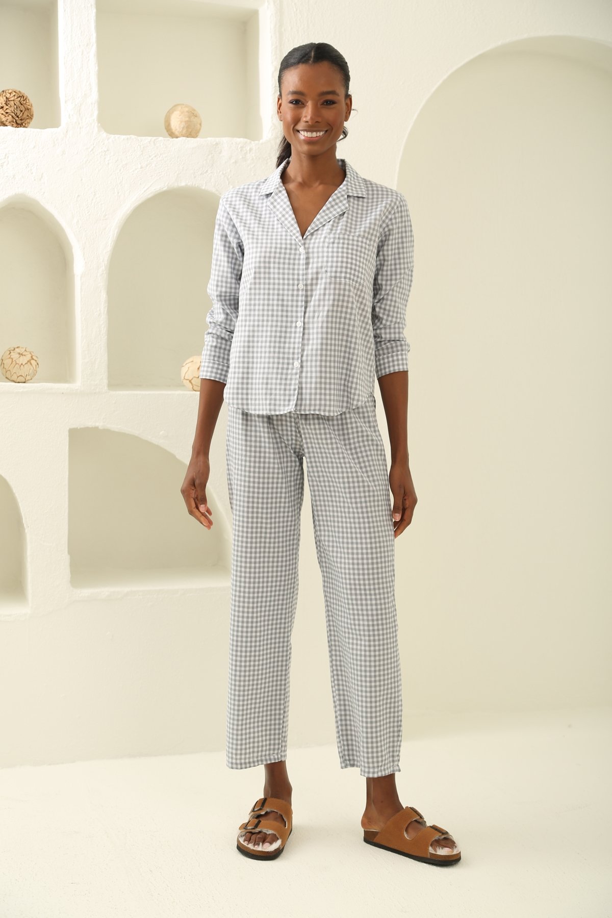Gri Ekoseli Poplin Pijama Takım 