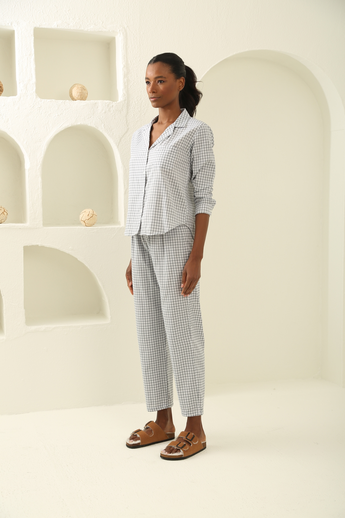 Gri Ekoseli Poplin Pijama Takım 