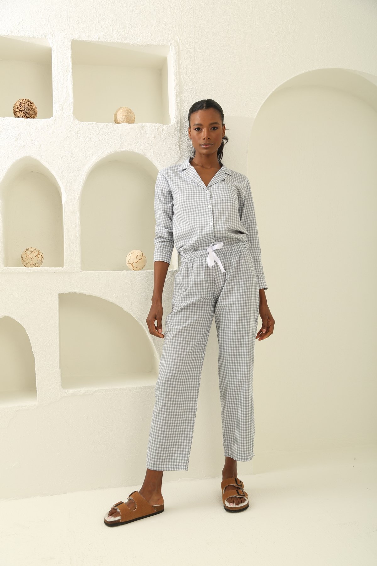 Gri Ekoseli Poplin Pijama Takım 