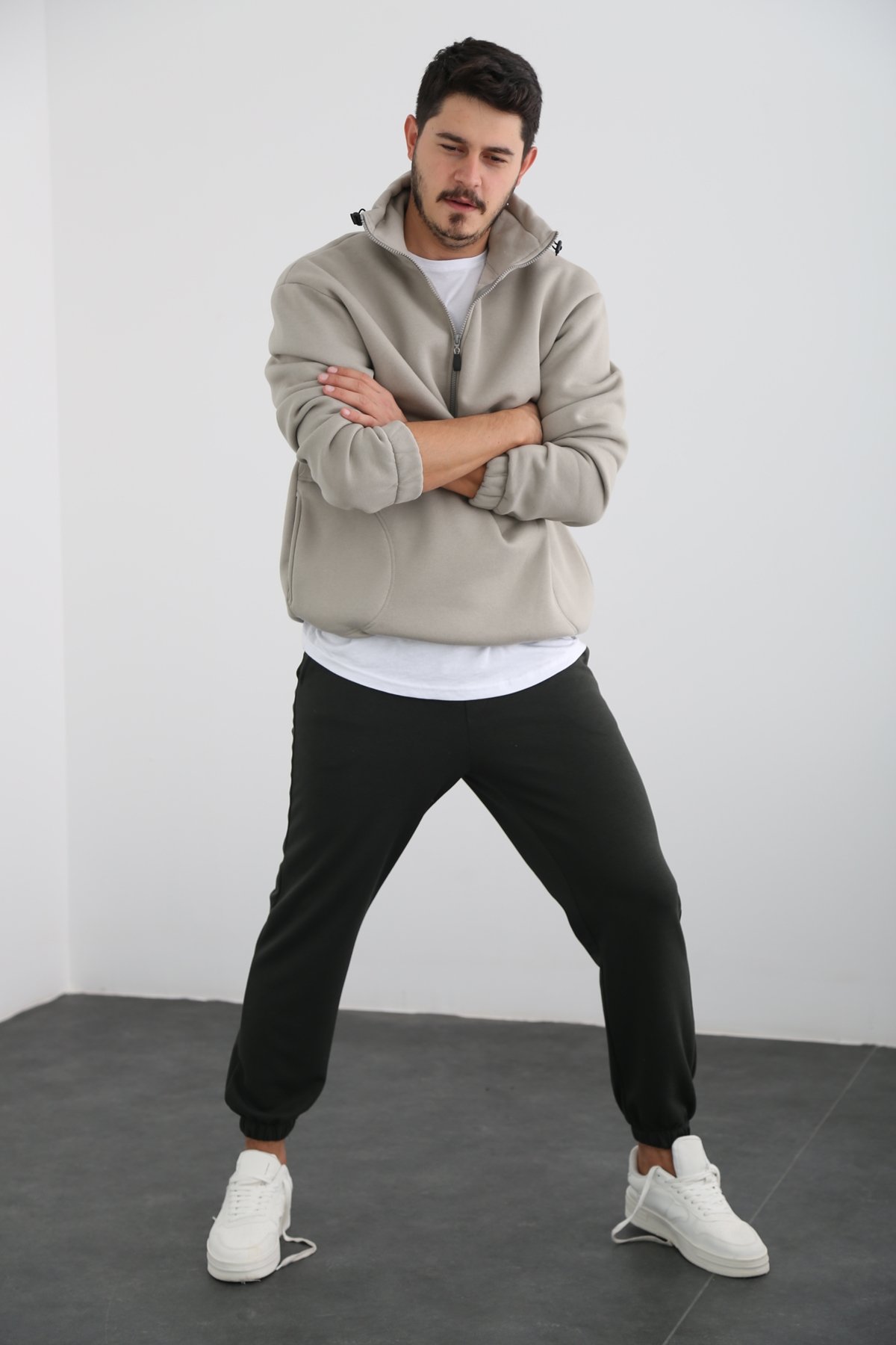 Gri Erkek Fermuarlı Şardonlu Sweatshirt K-296