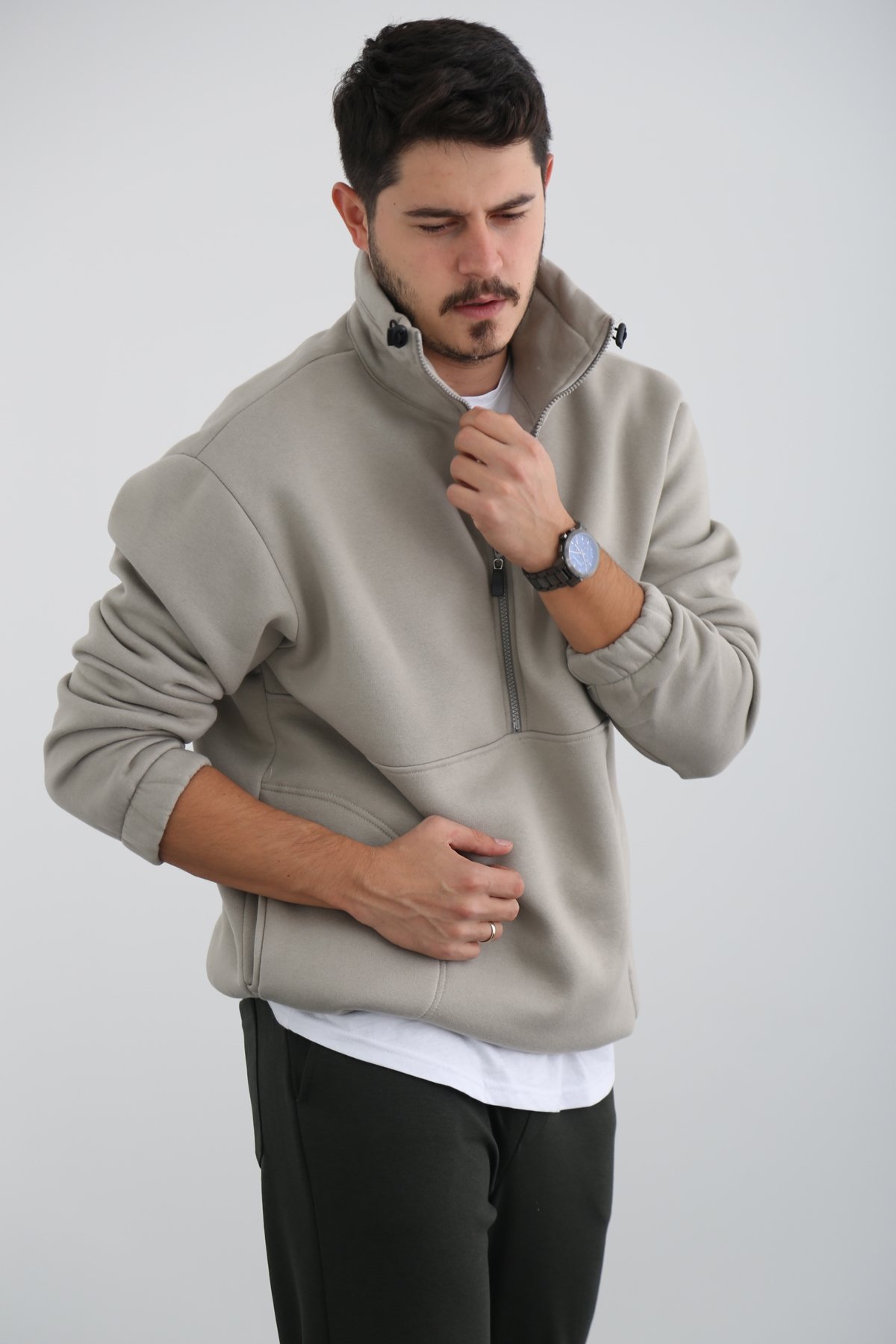 Gri Erkek Fermuarlı Şardonlu Sweatshirt K-296