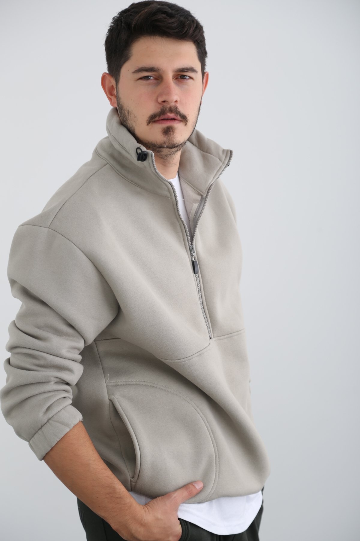 Gri Erkek Fermuarlı Şardonlu Sweatshirt K-296