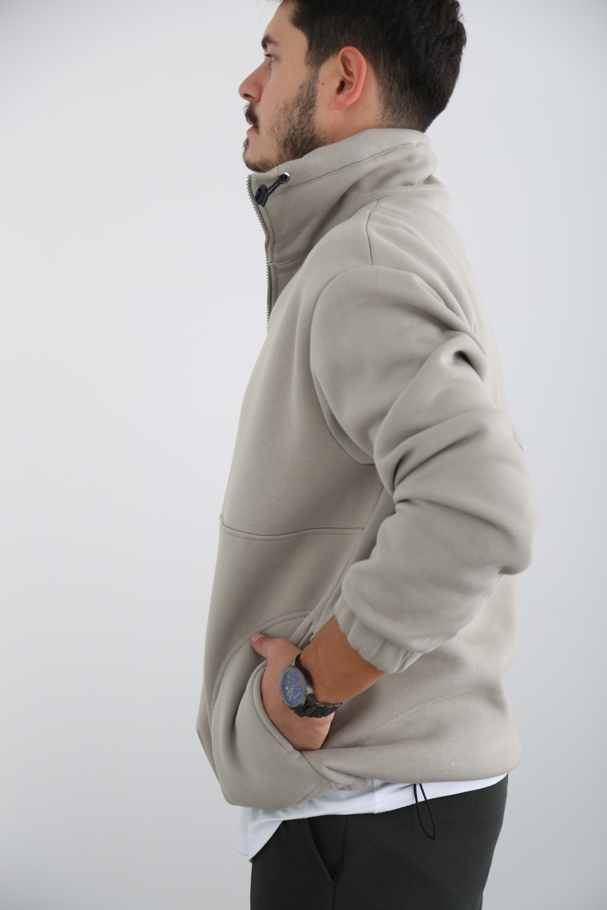 Gri Erkek Fermuarlı Şardonlu Sweatshirt K-296