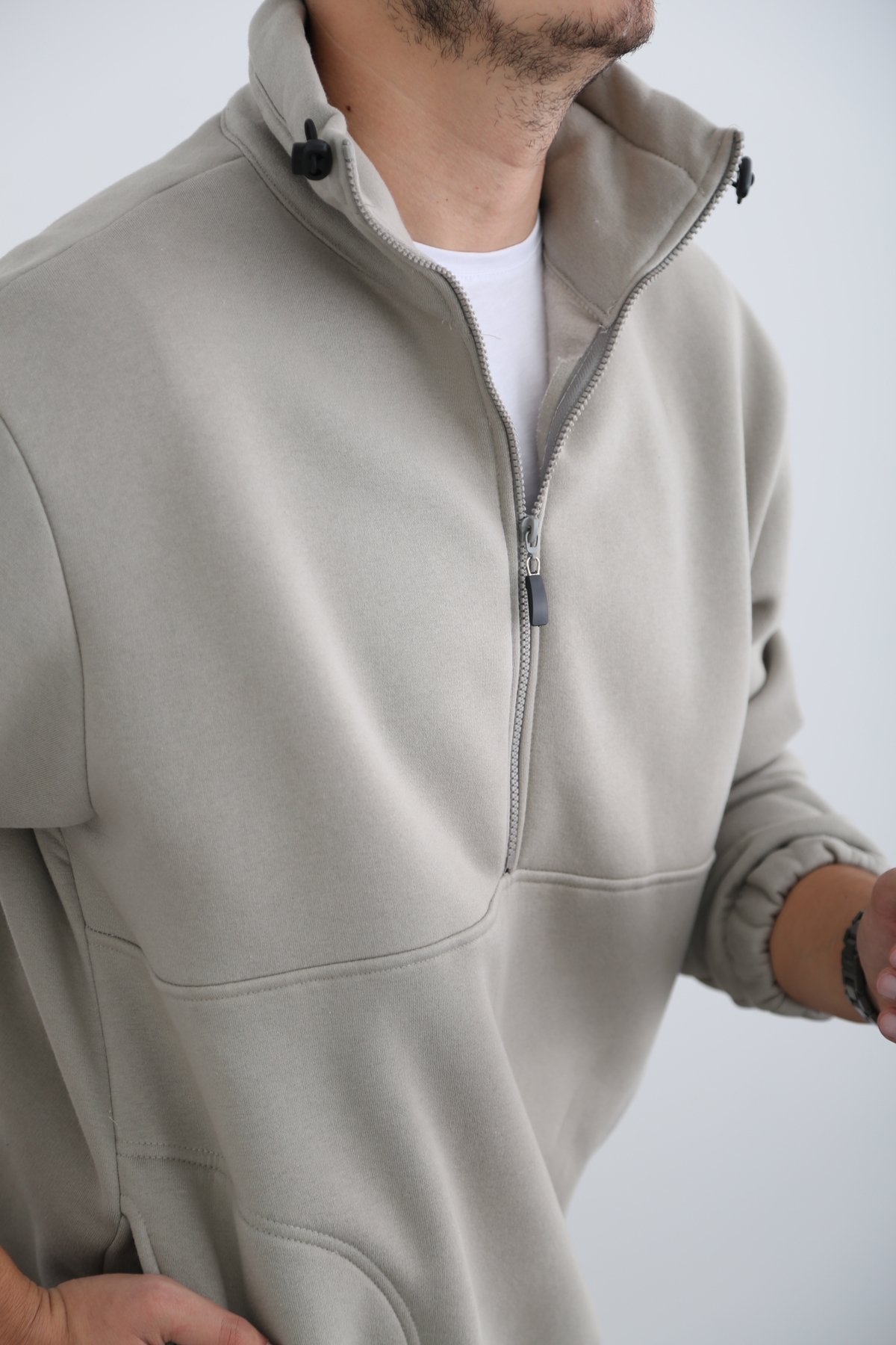 Gri Erkek Fermuarlı Şardonlu Sweatshirt K-296