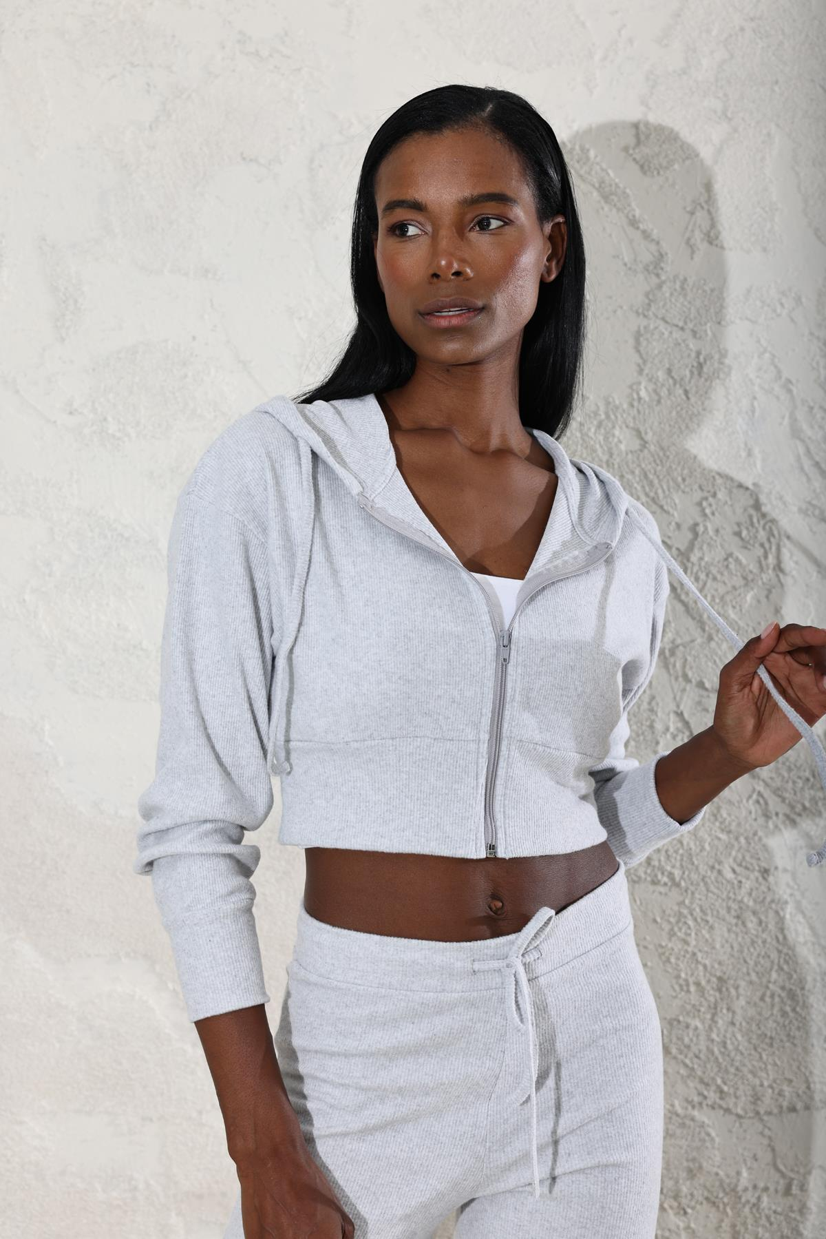 Gri Fitilli Fermuarlı Sweatshirt Eşofman Takım 