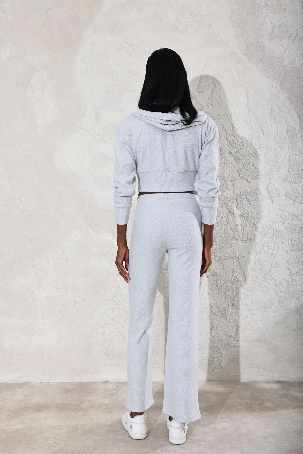 Gri Fitilli Fermuarlı Sweatshirt Eşofman Takım 