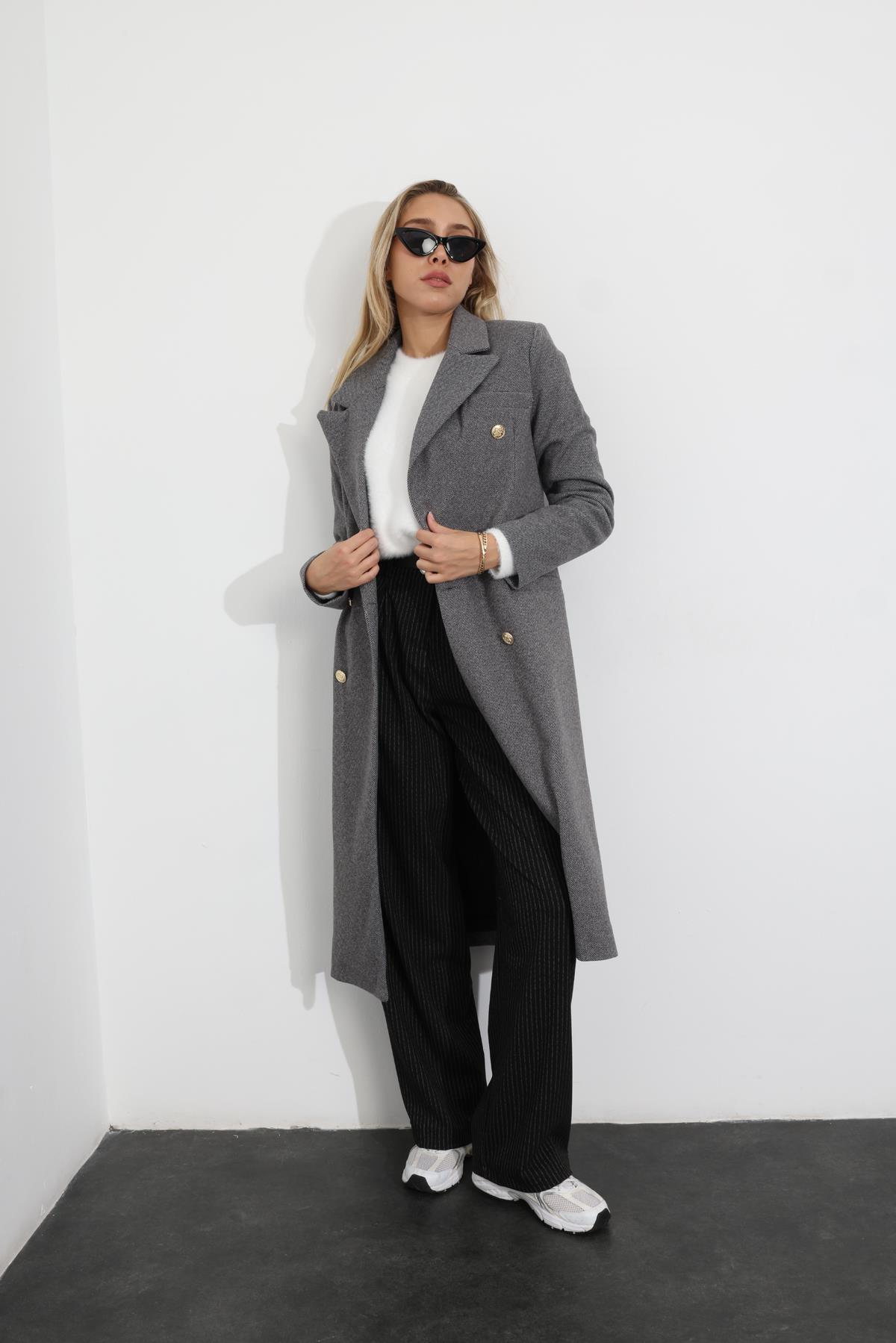 Gri Gold Düğmeli Maxi Boy Palto 99136