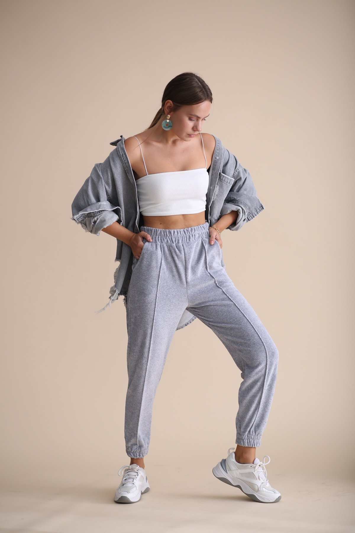 Gri Havlu Kadife Jogger Pantolon 33026