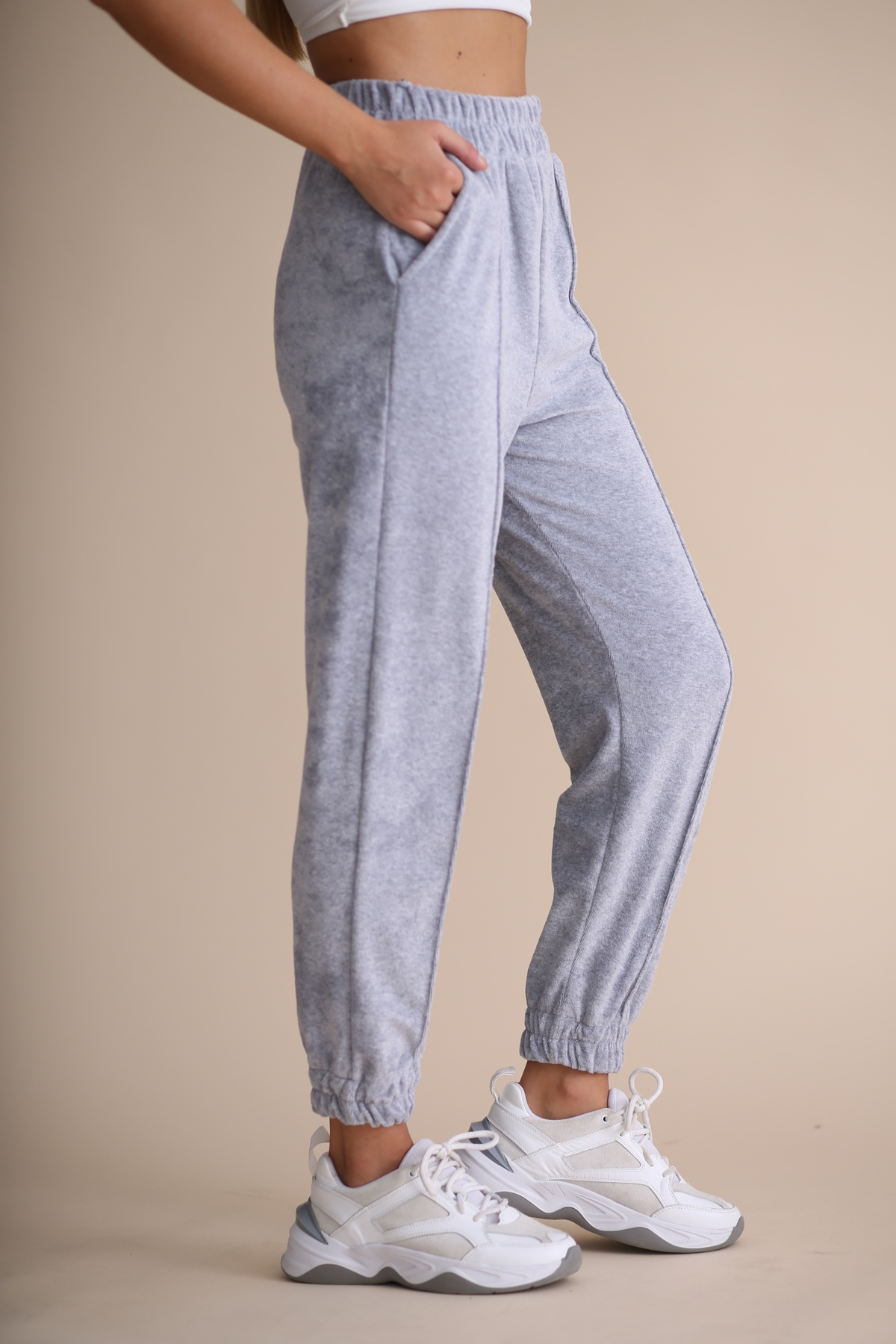 Gri Havlu Kadife Jogger Pantolon 33026