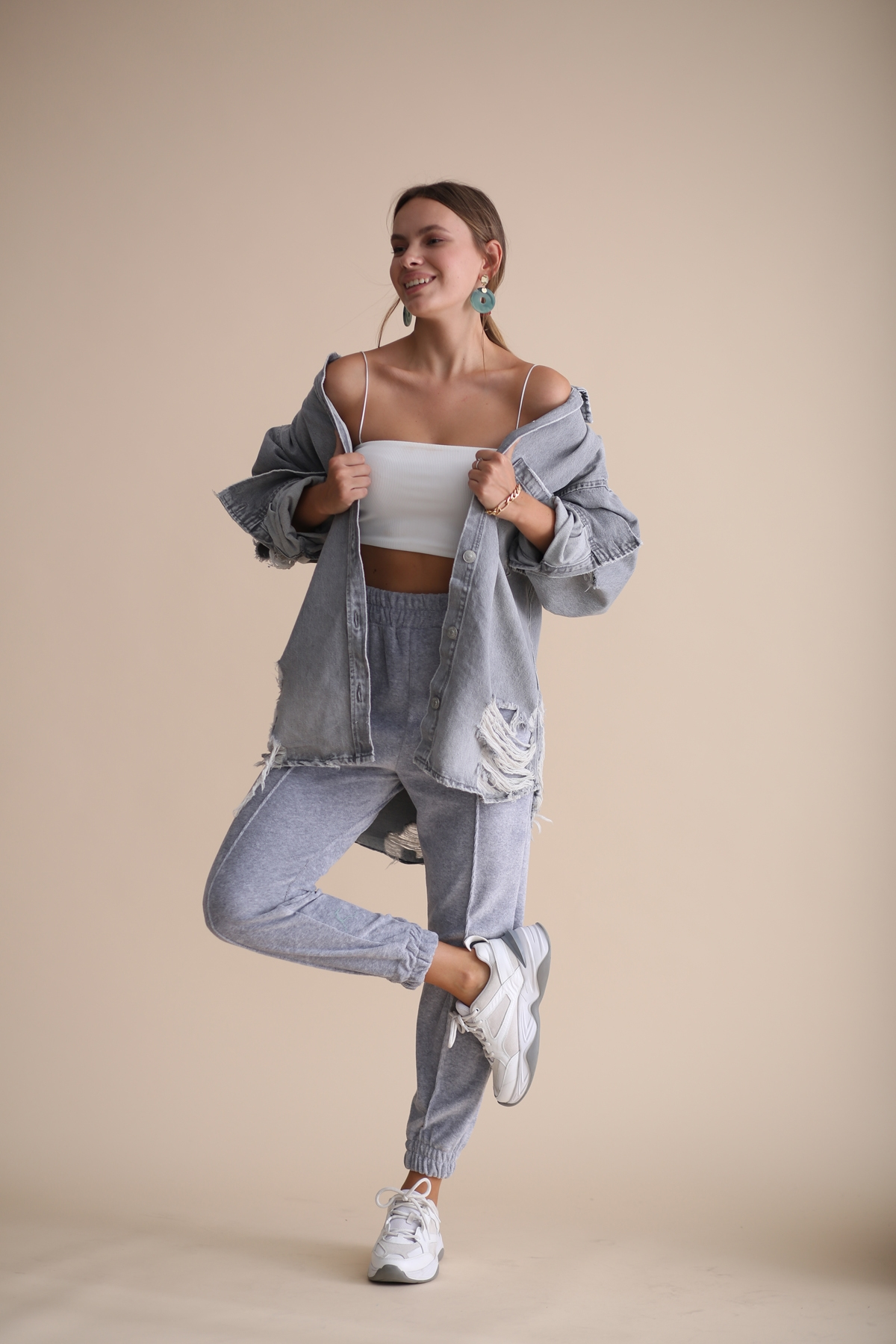 Gri Havlu Kadife Jogger Pantolon 33026