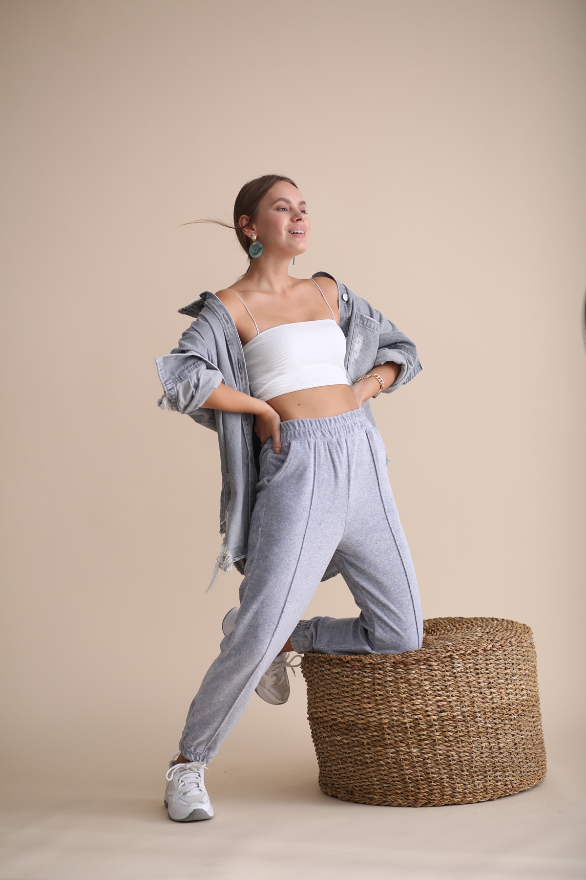 Gri Havlu Kadife Jogger Pantolon 33026