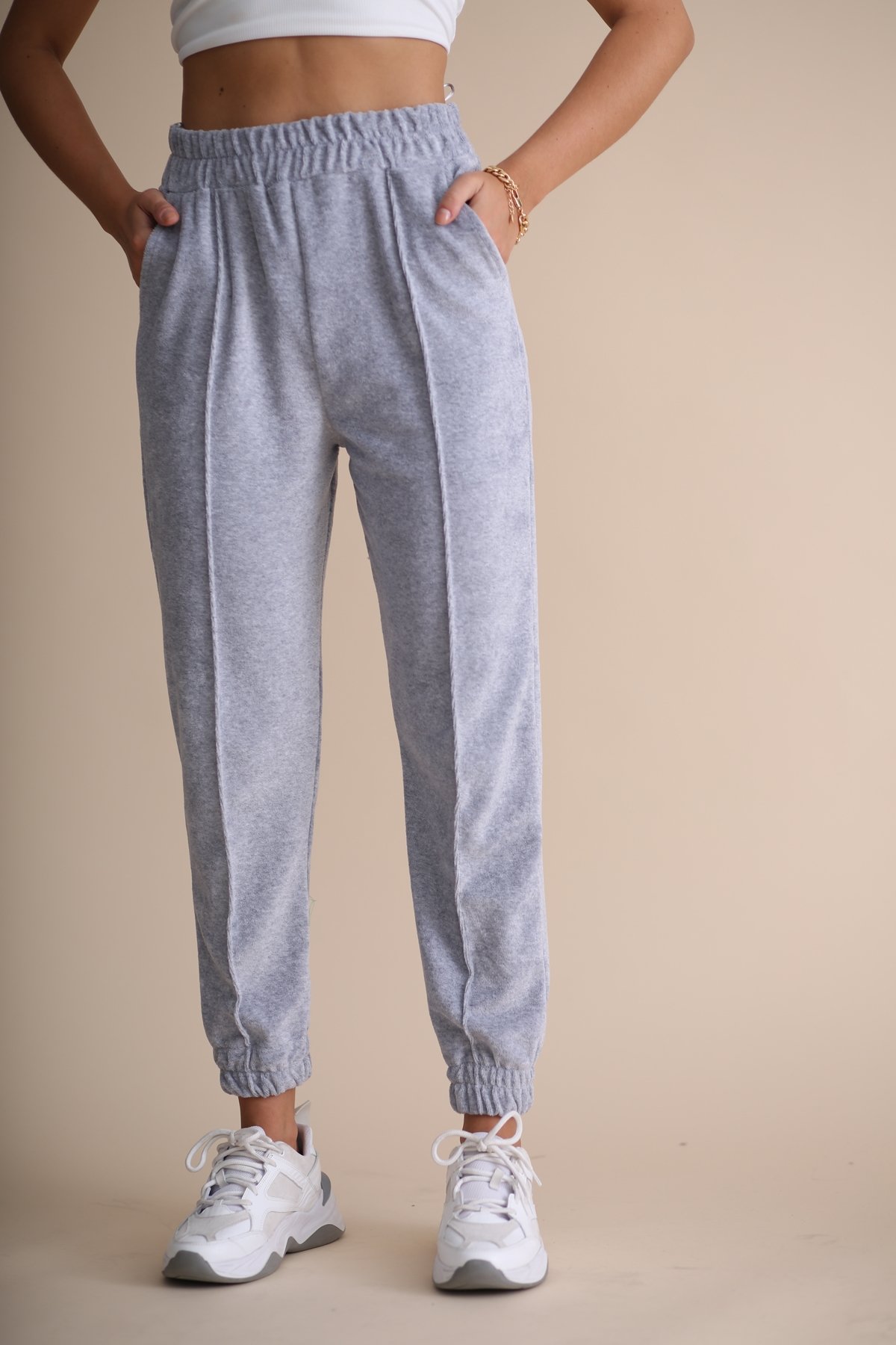Gri Havlu Kadife Jogger Pantolon 33026