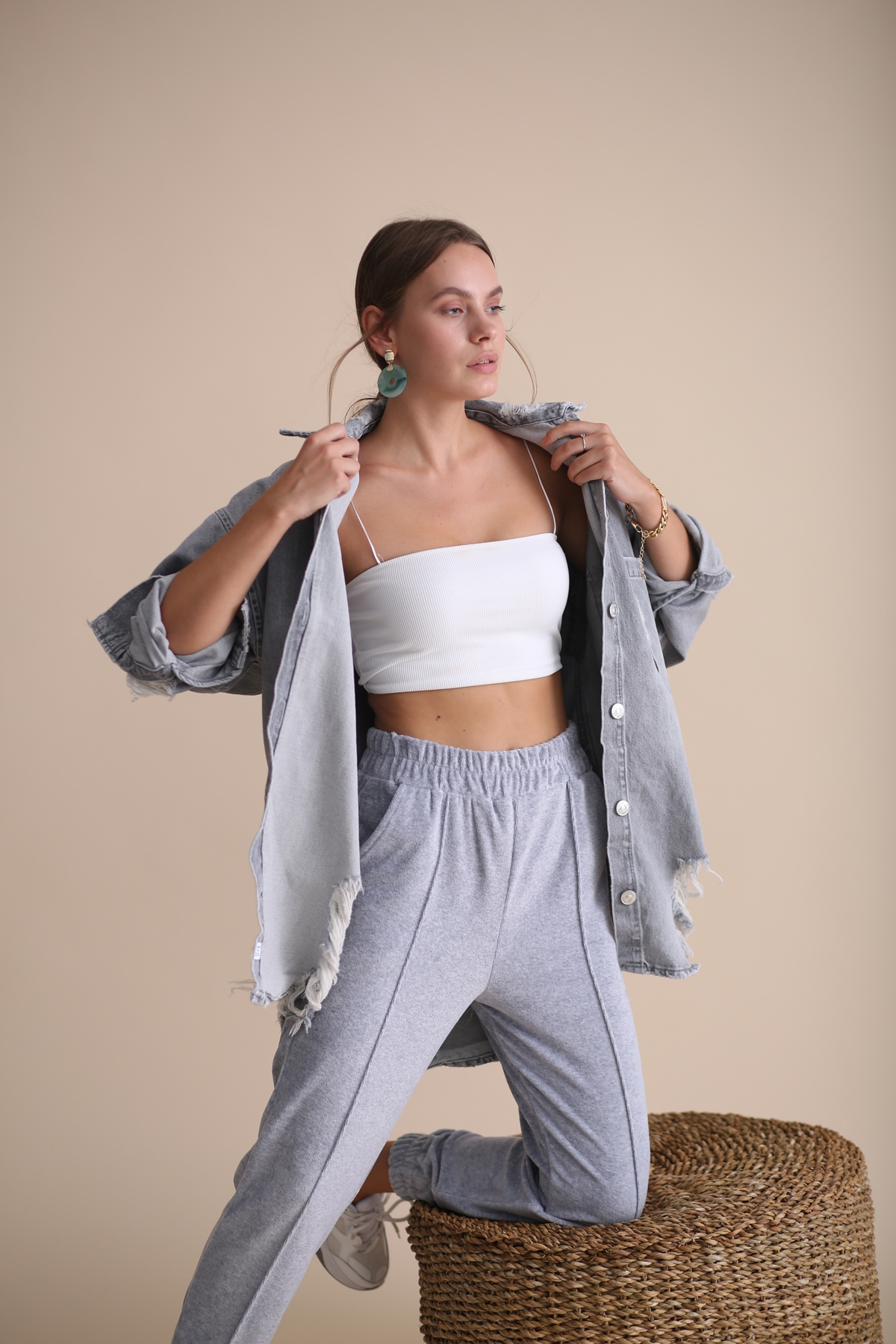 Gri Havlu Kadife Jogger Pantolon 33026