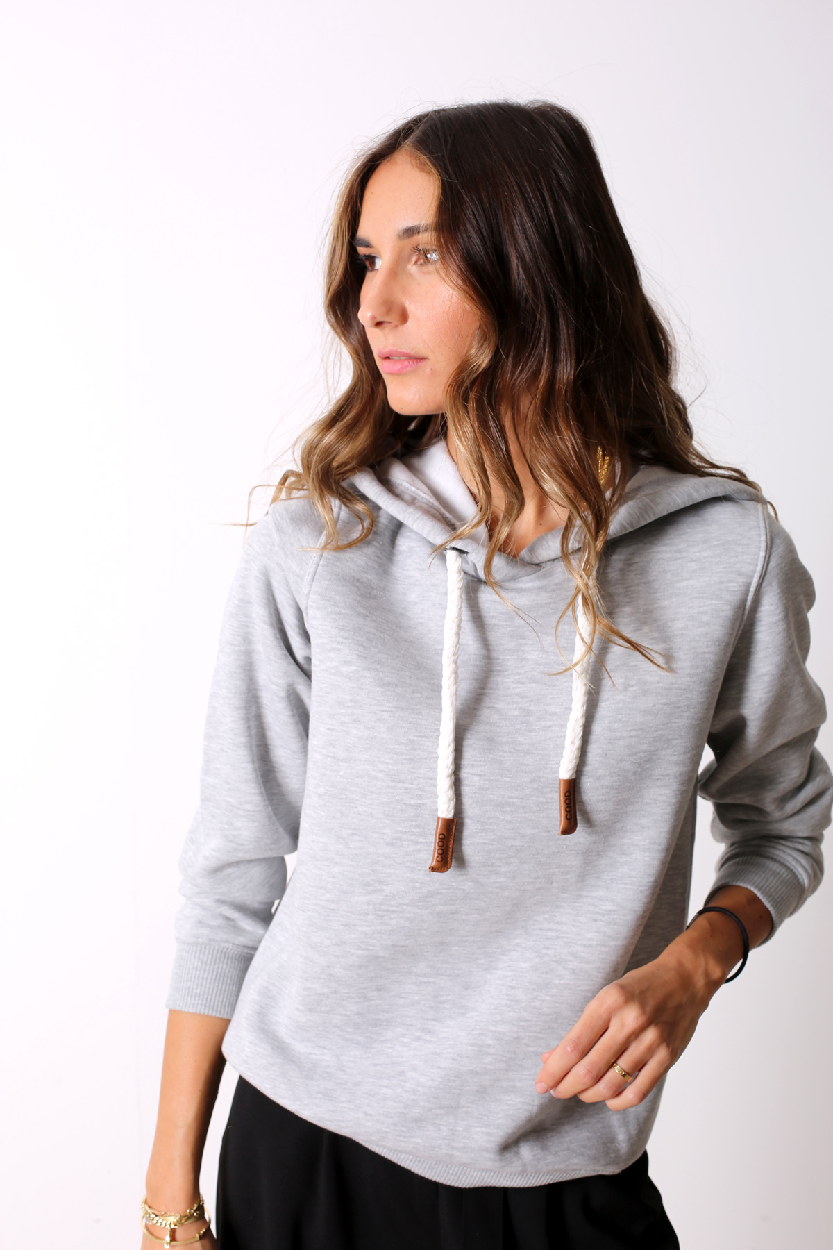 Gri Kalın Bağcıklı Kapşonlu Sweatshirt