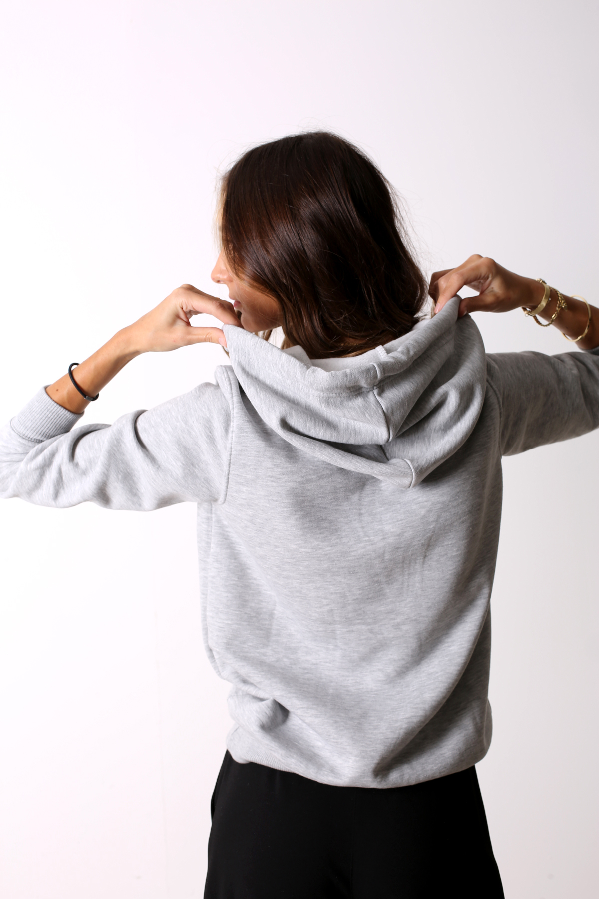 Gri Kalın Bağcıklı Kapşonlu Sweatshirt