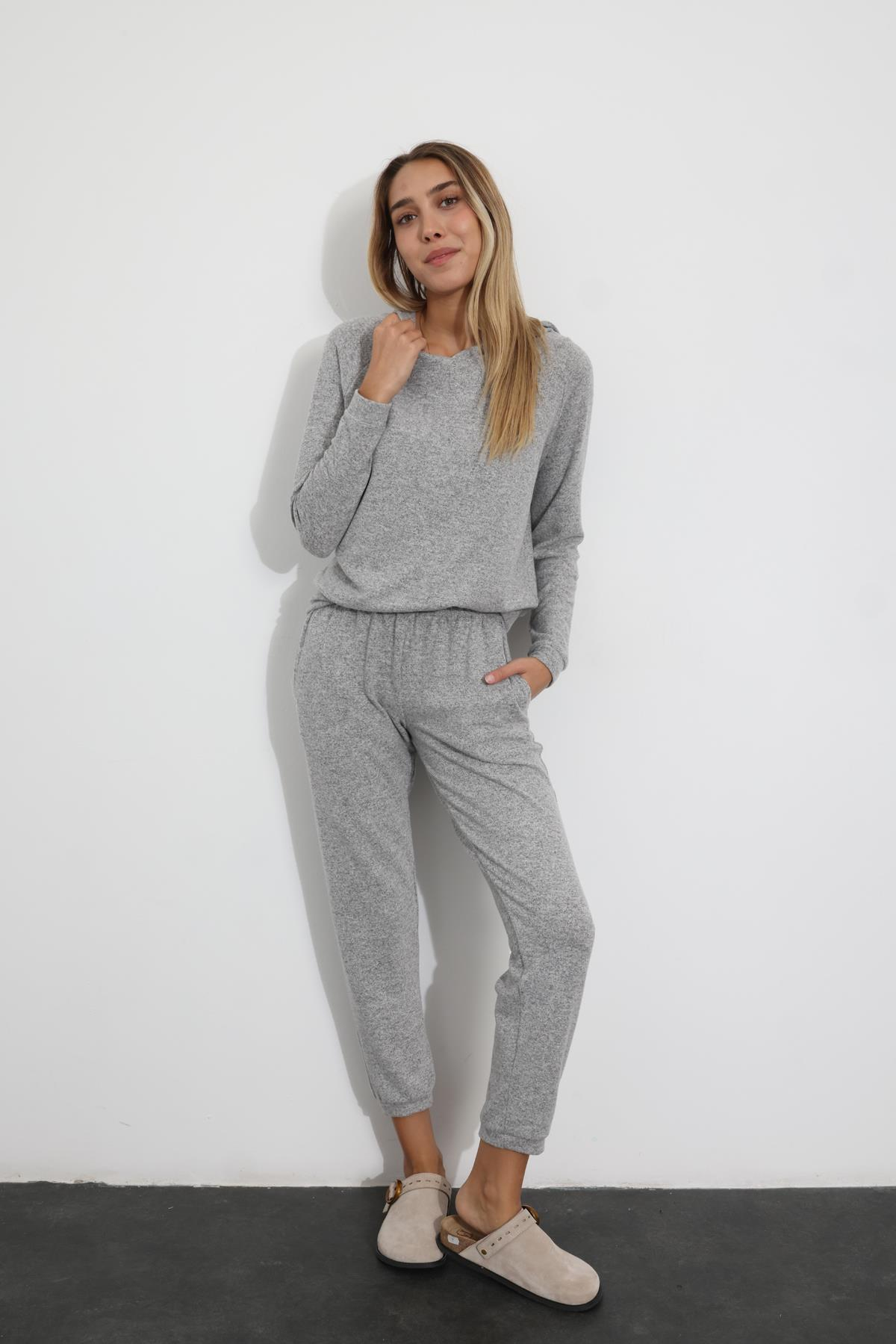 Gri Kapüşonlu Sweatshirt Eşofman Takım 