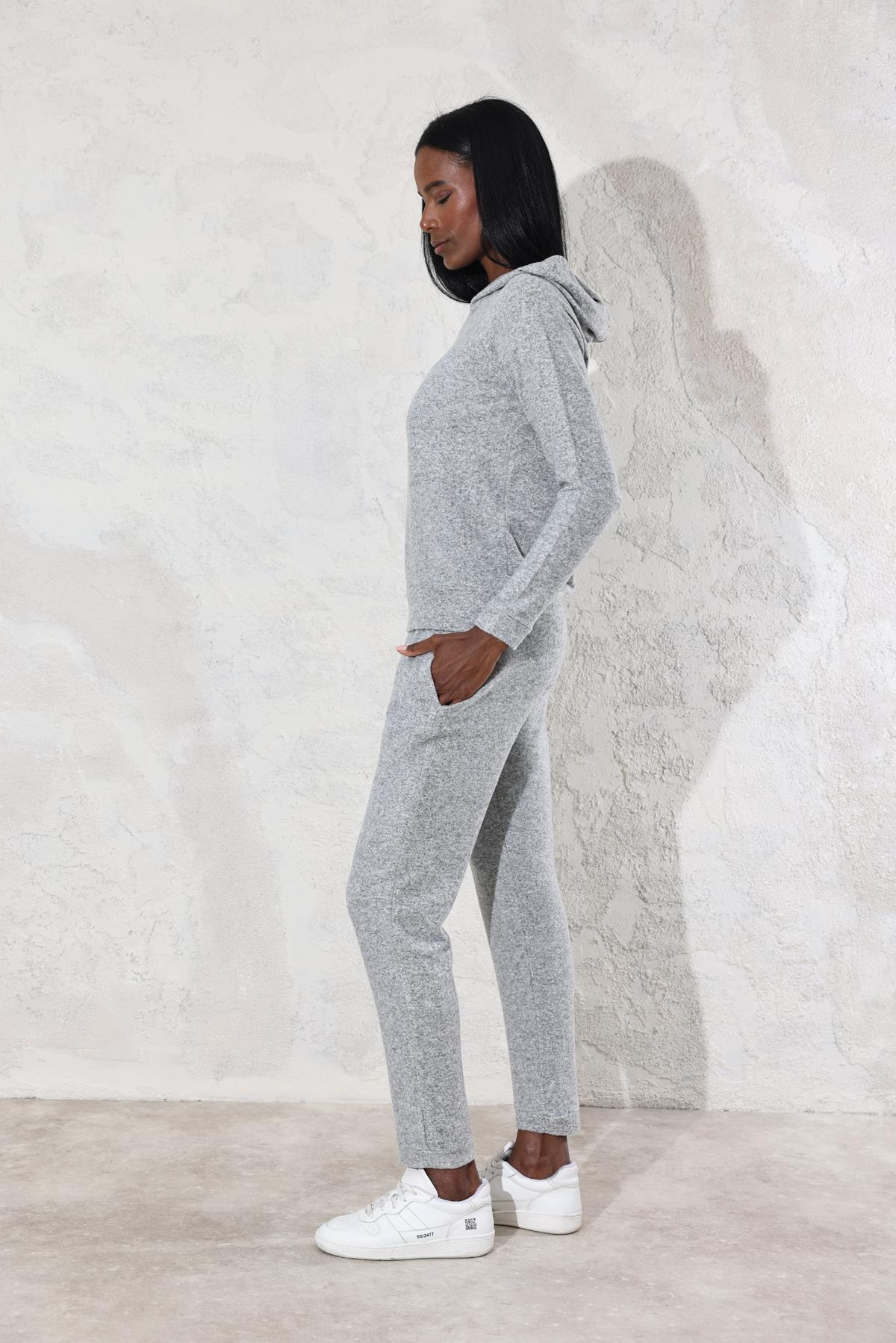 Gri Kapüşonlu Sweatshirt Eşofman Takım 