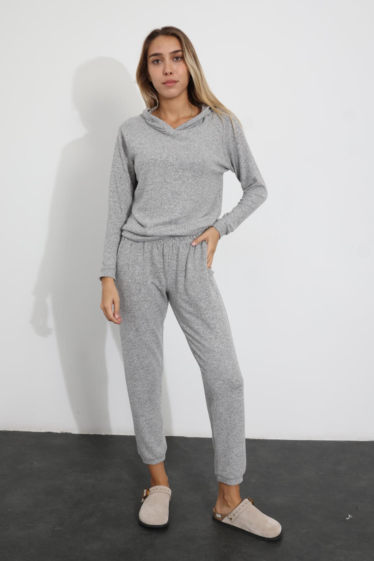 Gri Kapüşonlu Sweatshirt Eşofman Takım 