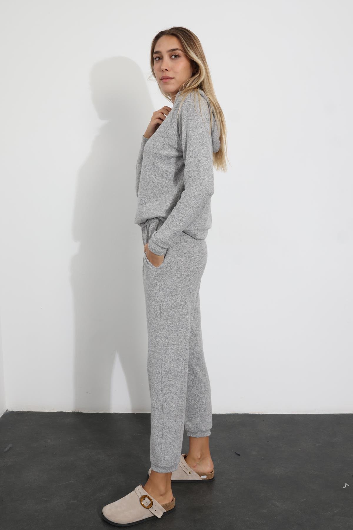 Gri Kapüşonlu Sweatshirt Eşofman Takım 