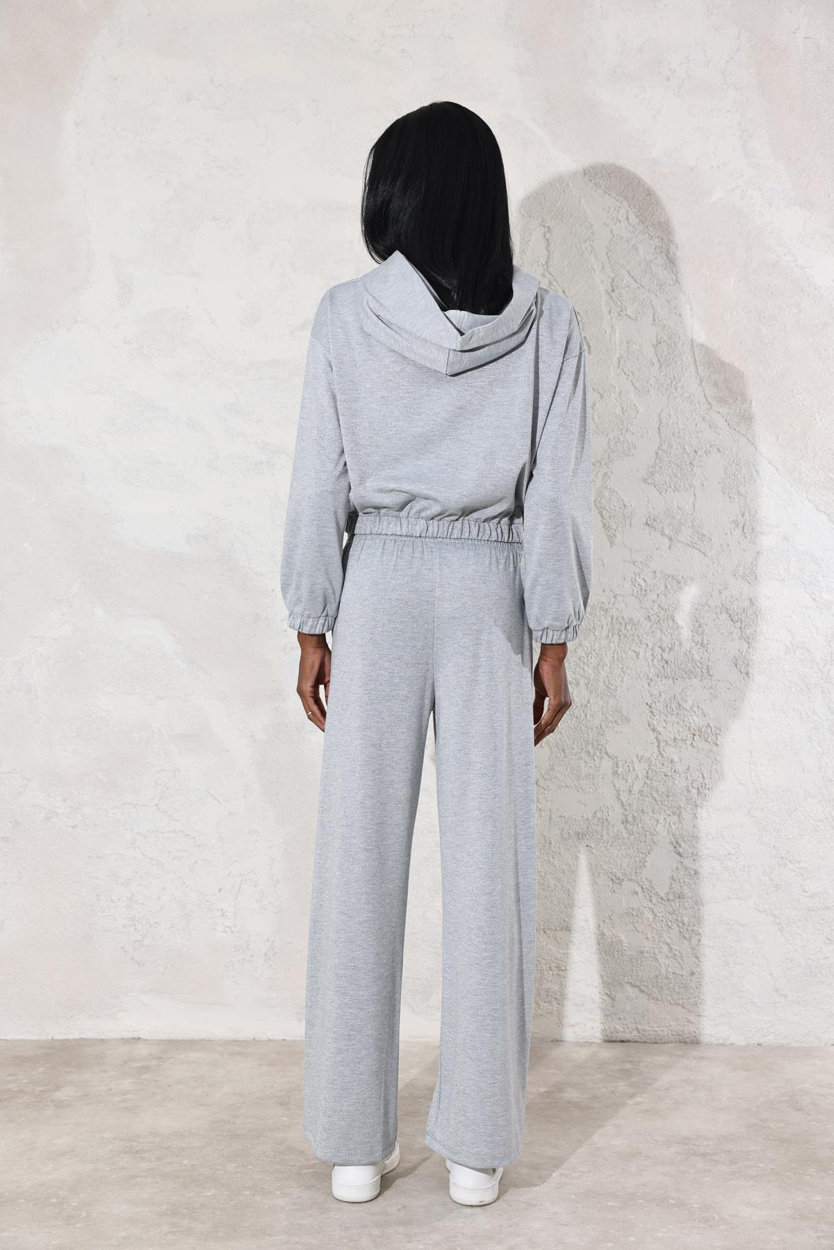 Gri Kendinden Simli Fermuarlı Sweatshirt Eşofman Takım 7178