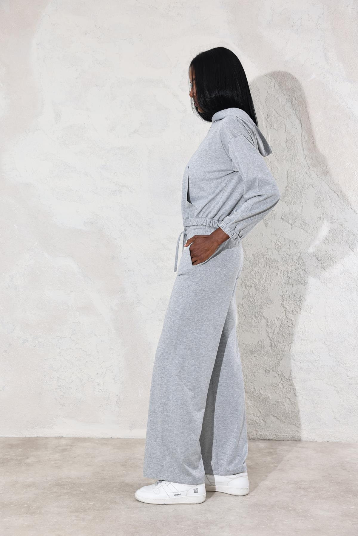 Gri Kendinden Simli Fermuarlı Sweatshirt Eşofman Takım 7178
