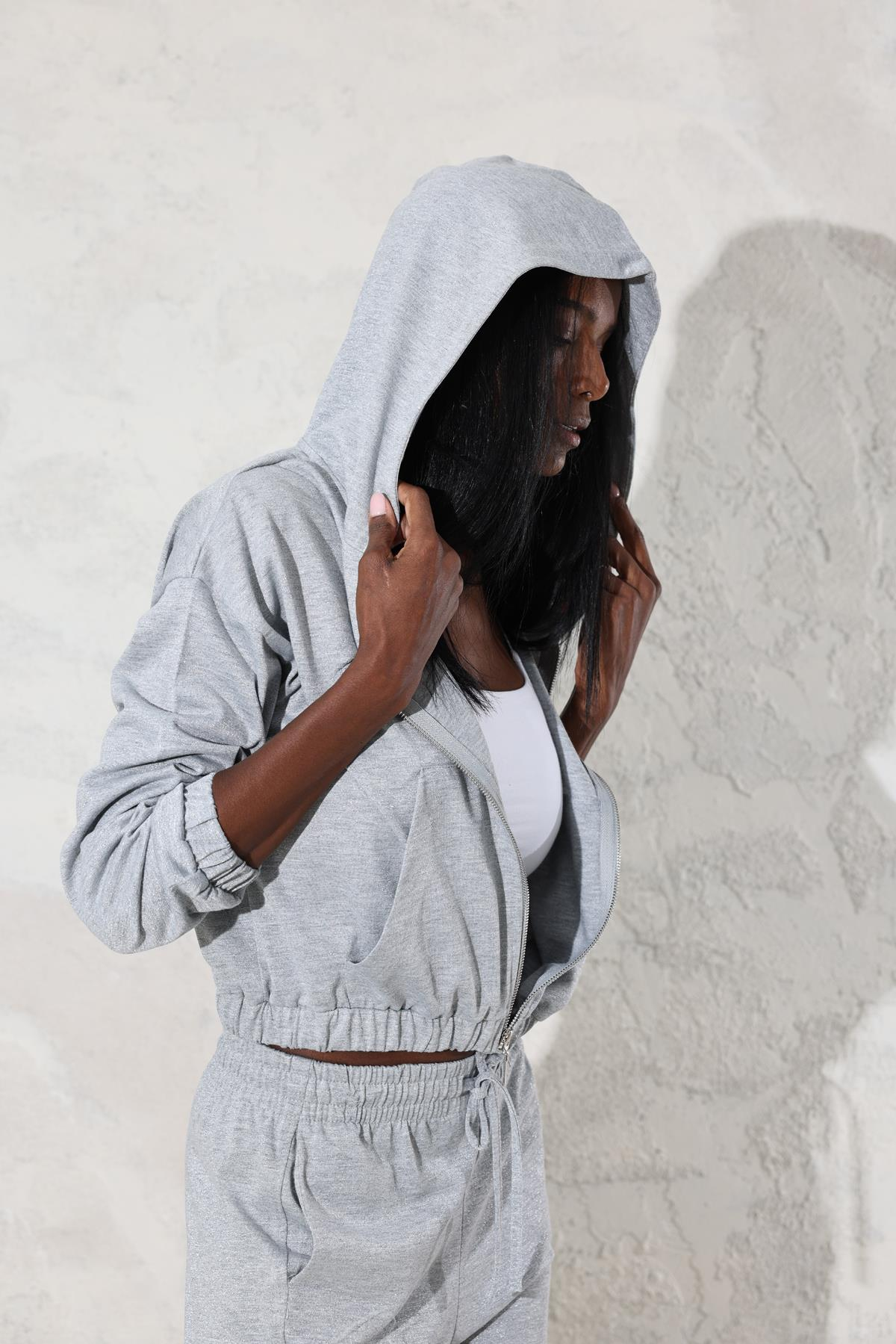 Gri Kendinden Simli Fermuarlı Sweatshirt Eşofman Takım 7178