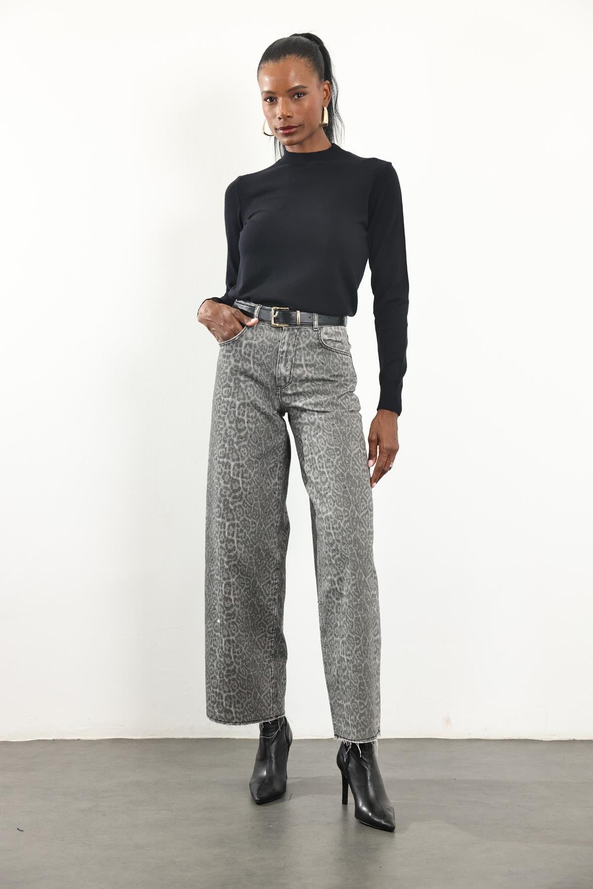 Gri Leopar Desen Pullu Wide Leg Jean 