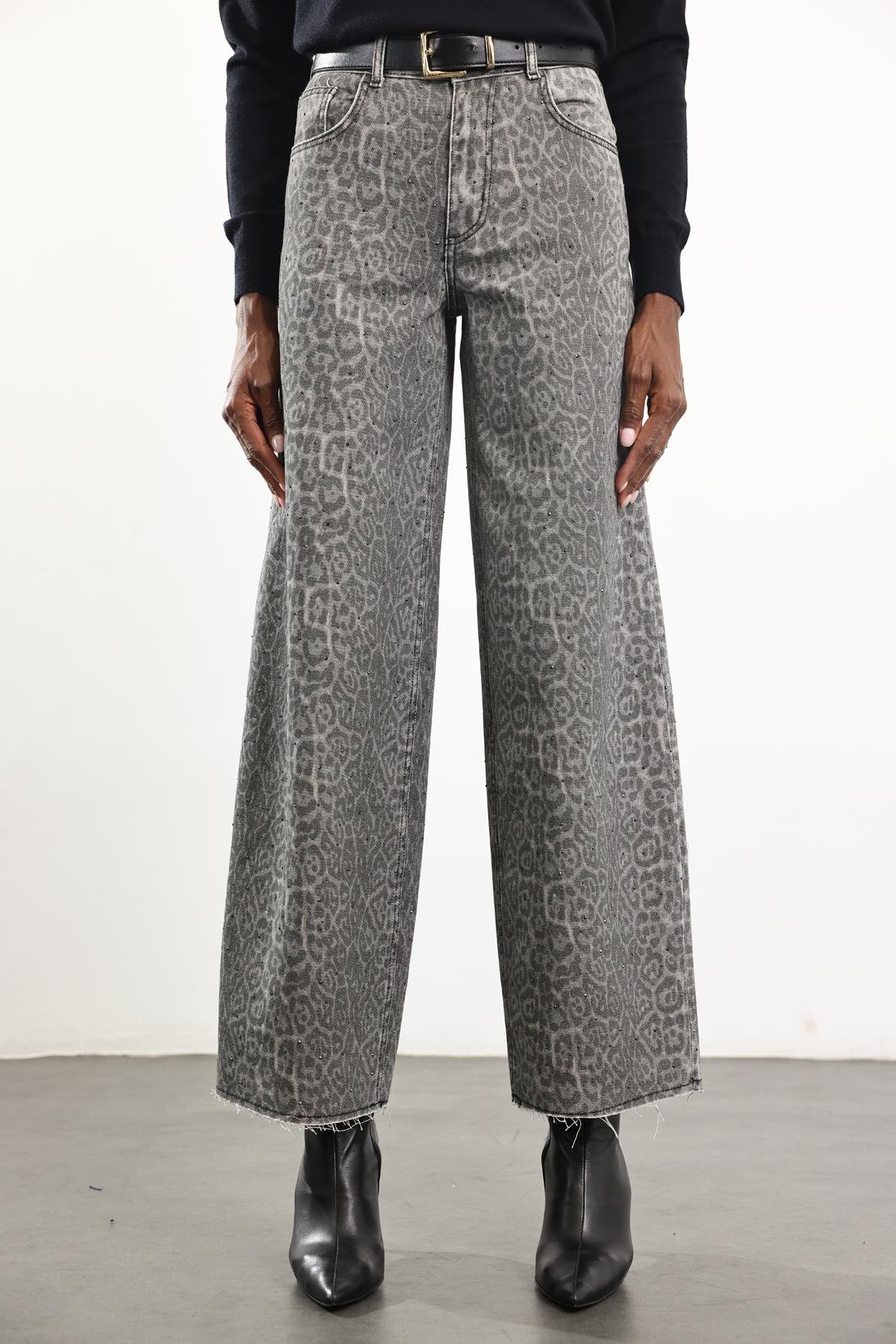 Gri Leopar Desen Pullu Wide Leg Jean 
