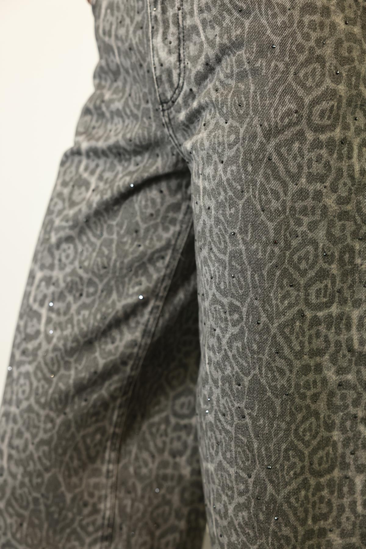 Gri Leopar Desen Pullu Wide Leg Jean 