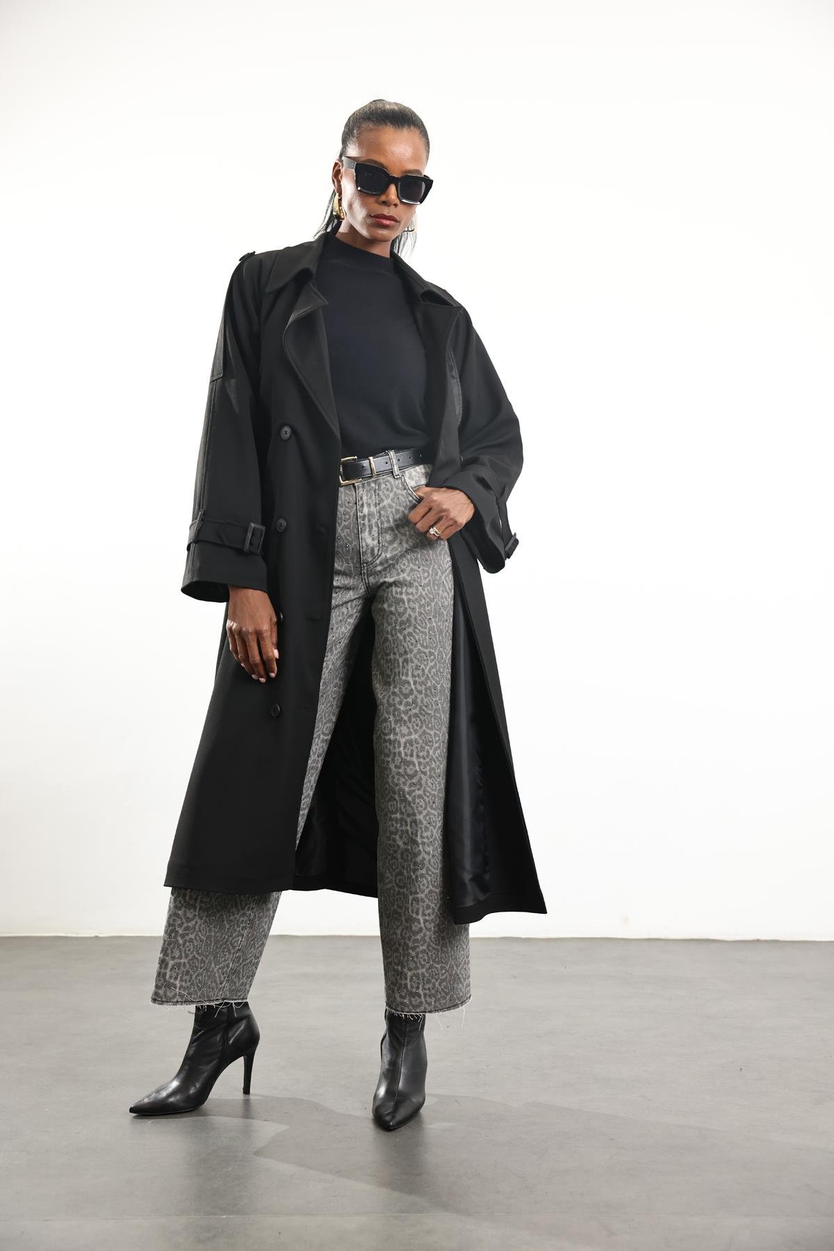 Gri Leopar Desen Pullu Wide Leg Jean 