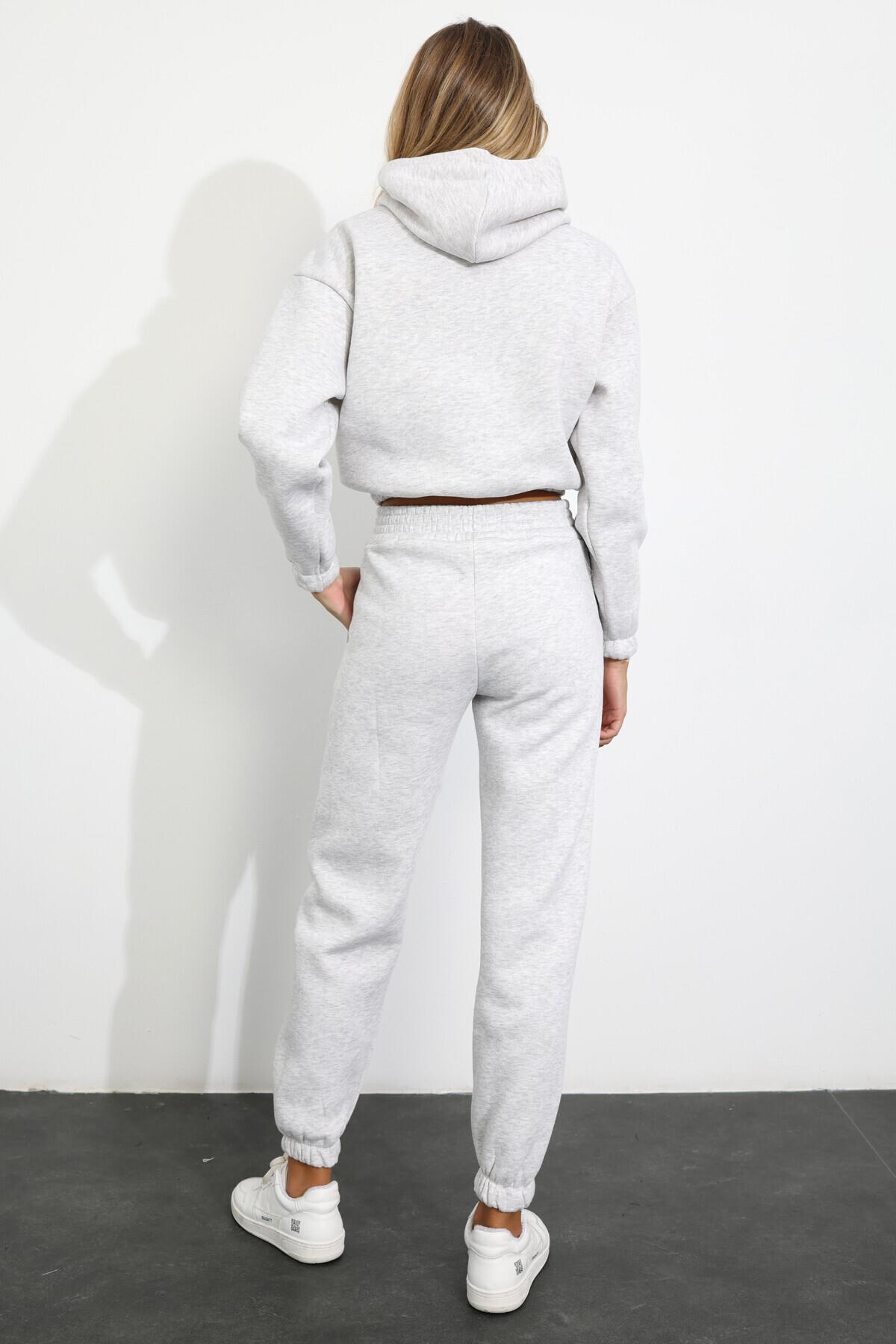 Gri Melanj Kapüşonlu Sweatshirt Eşofman Takım 04071