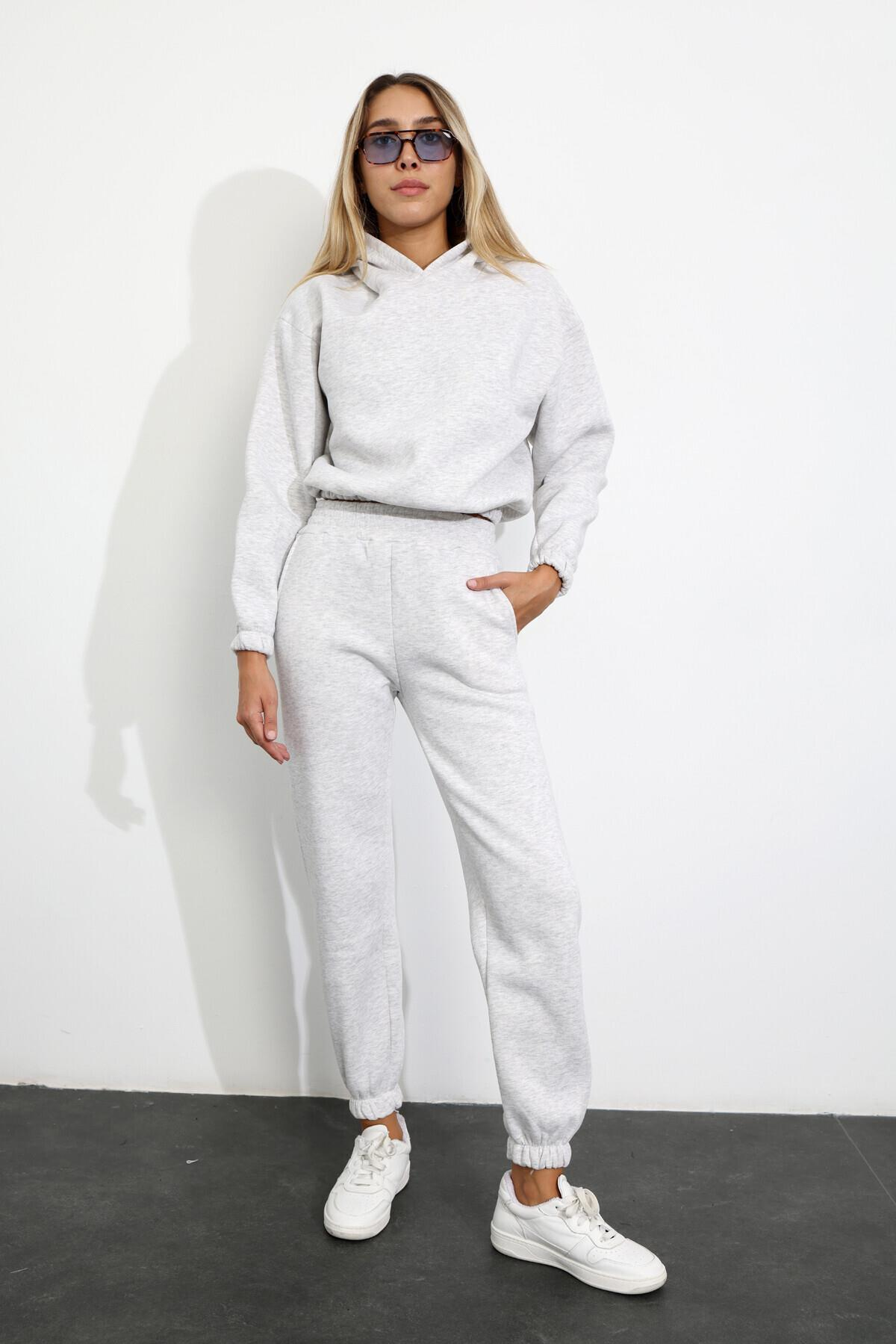 Gri Melanj Kapüşonlu Sweatshirt Eşofman Takım 04071