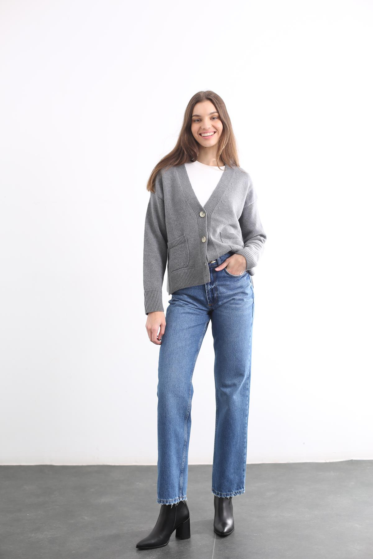 Gri Mohair Premium Cepli Yün Hırka 