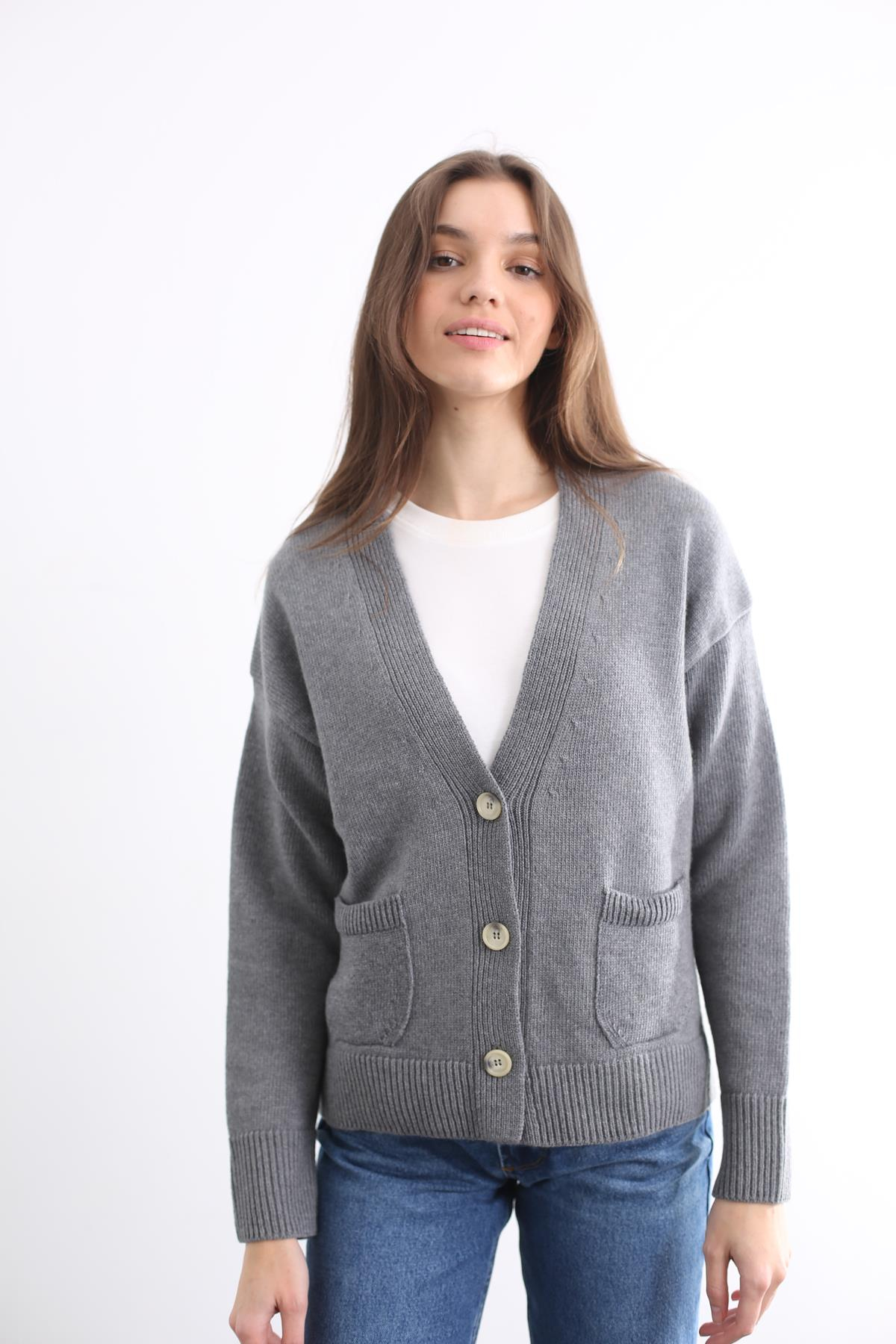 Gri Mohair Premium Cepli Yün Hırka 