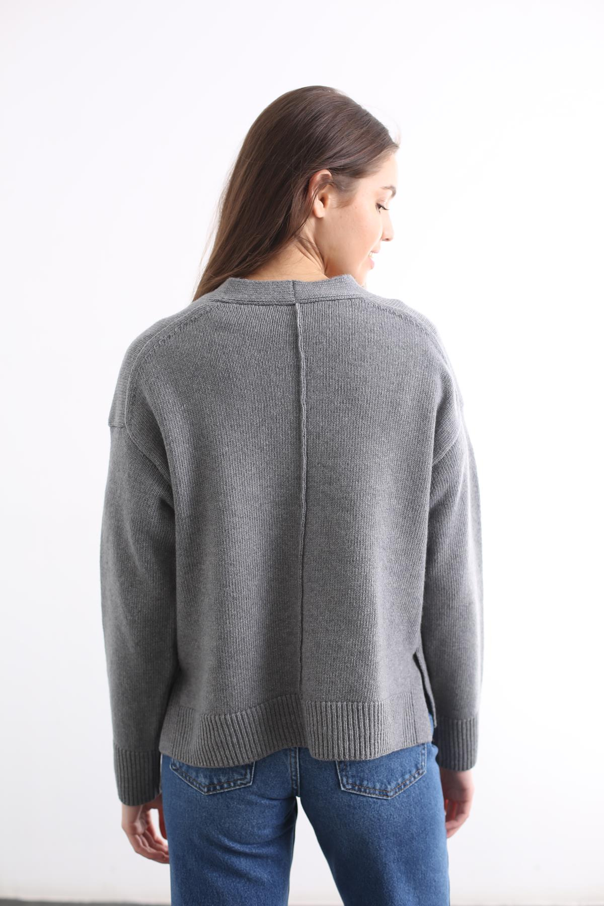Gri Mohair Premium Cepli Yün Hırka 