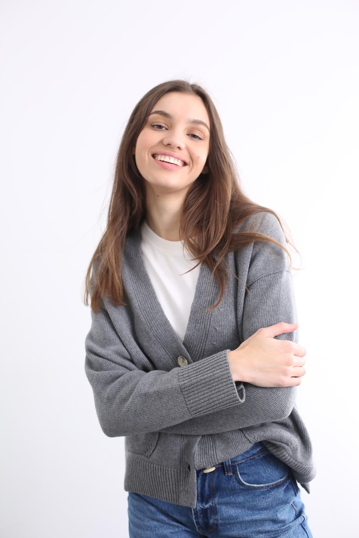 Gri Mohair Premium Cepli Yün Hırka 