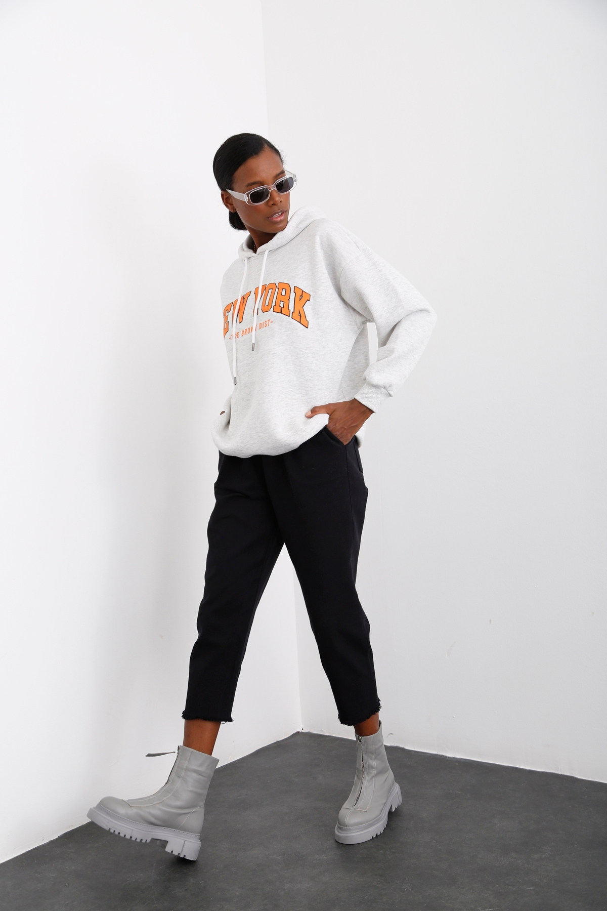 Gri New York Baskılı Şardonlu Sweatshirt 0078