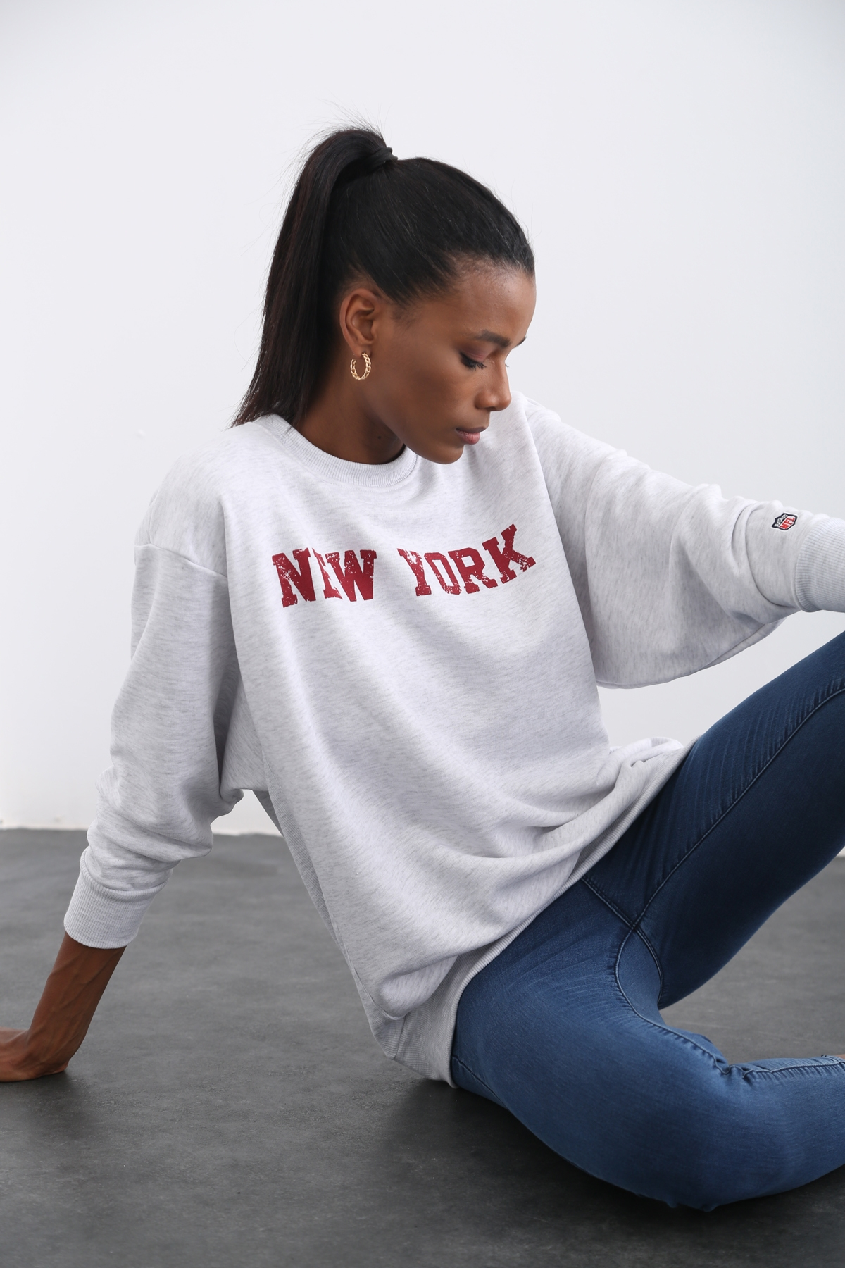 Gri New York Baskılı Sweatshirt 