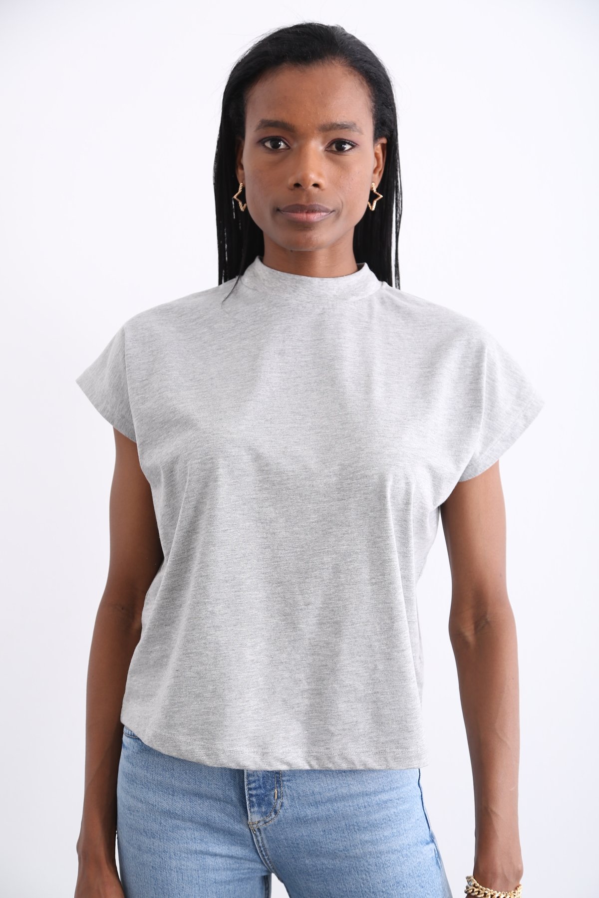 Gri Organik Dik Yaka Tshirt 
