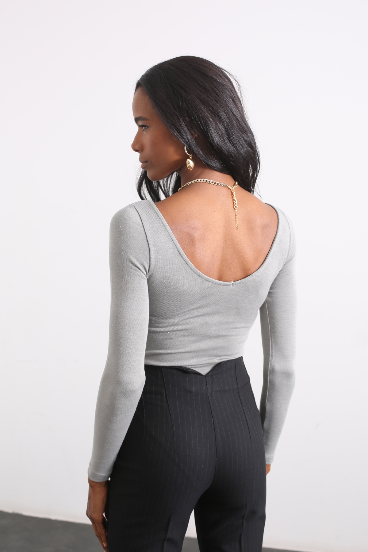 Gri Sırt Detaylı Bodysuit 8253