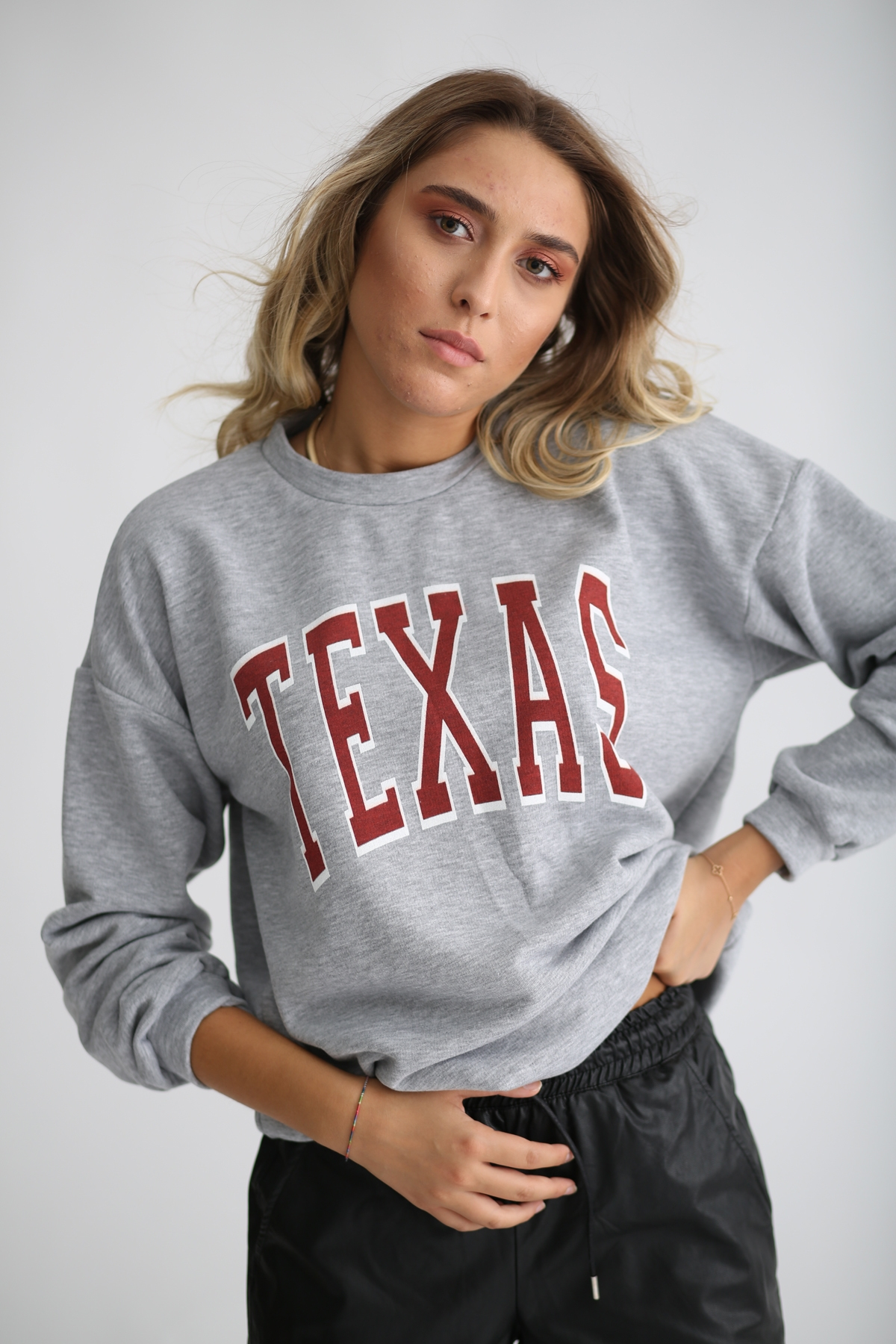 Gri Teksas Baskılı Basic Sweatshirt 6560