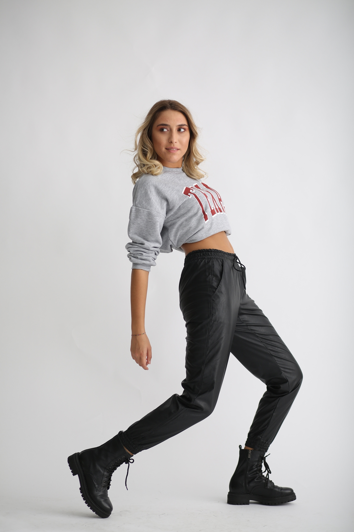 Gri Teksas Baskılı Basic Sweatshirt 6560