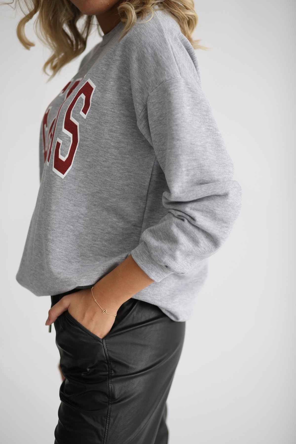 Gri Teksas Baskılı Basic Sweatshirt 6560