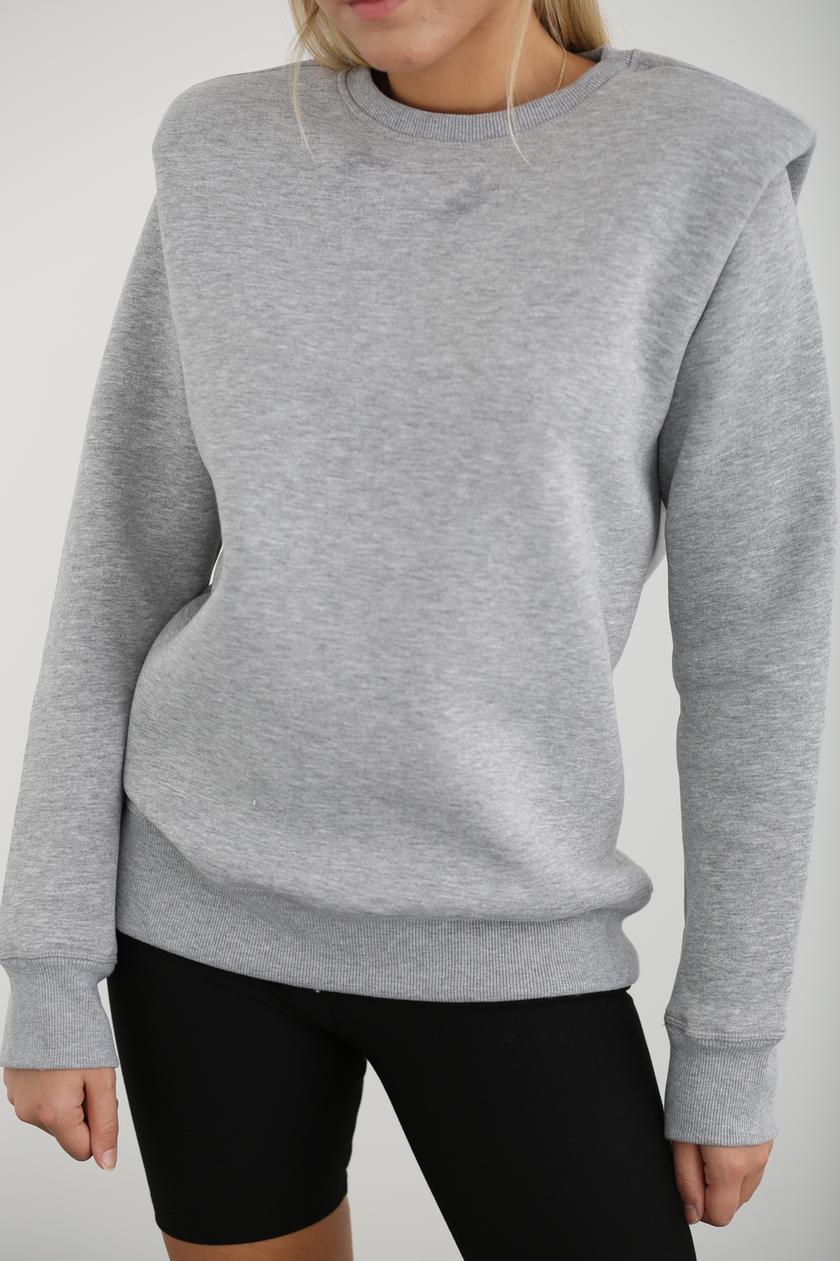 Gri Vatkalı Bisiklet Yaka Sweatshirt 
