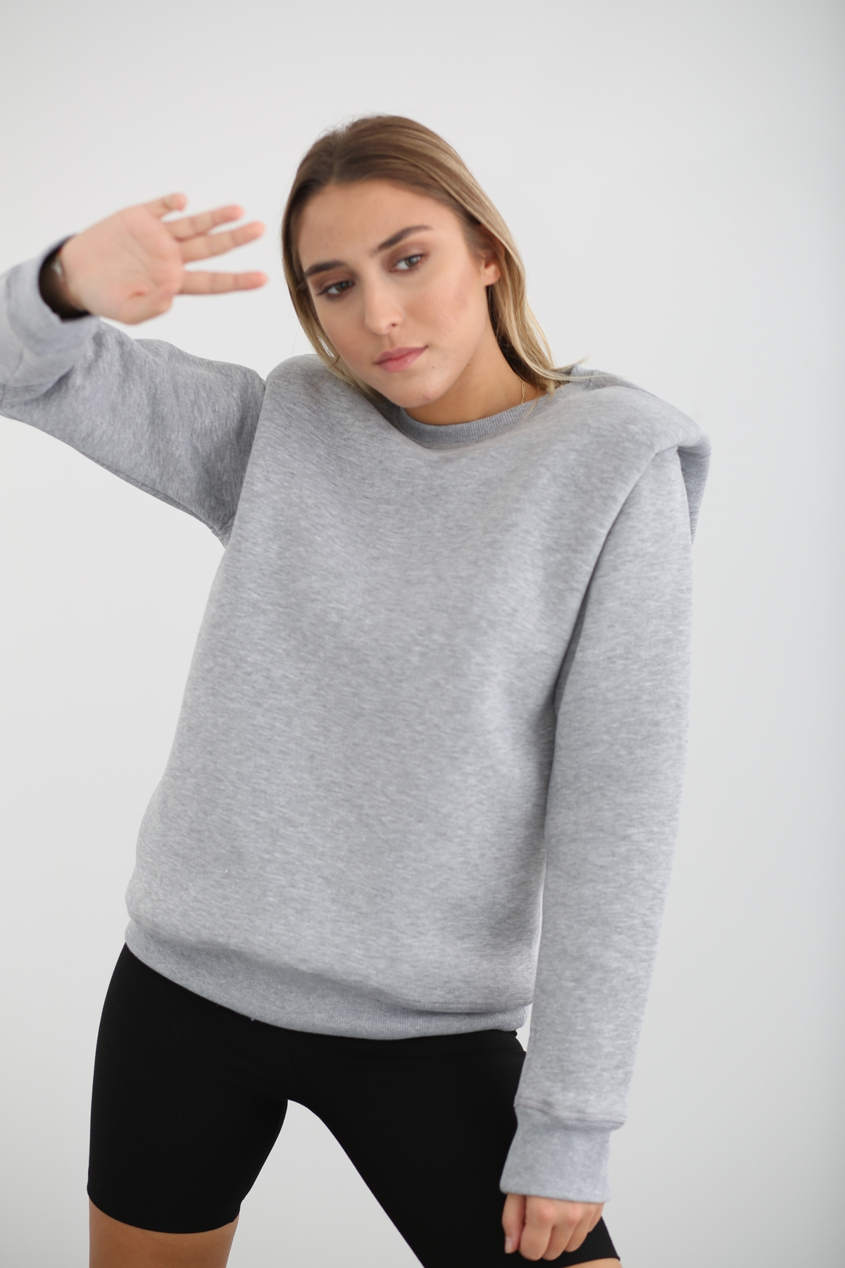 Gri Vatkalı Bisiklet Yaka Sweatshirt 